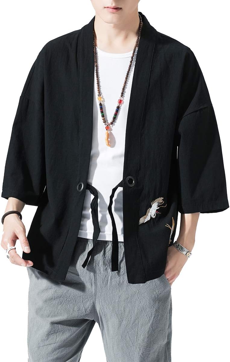 PRIJOUHE Men's Kimono Jackets Cardigan Lightweight Casual Cotton Blends Linen Seven Sleeves Open Front Coat Outwear