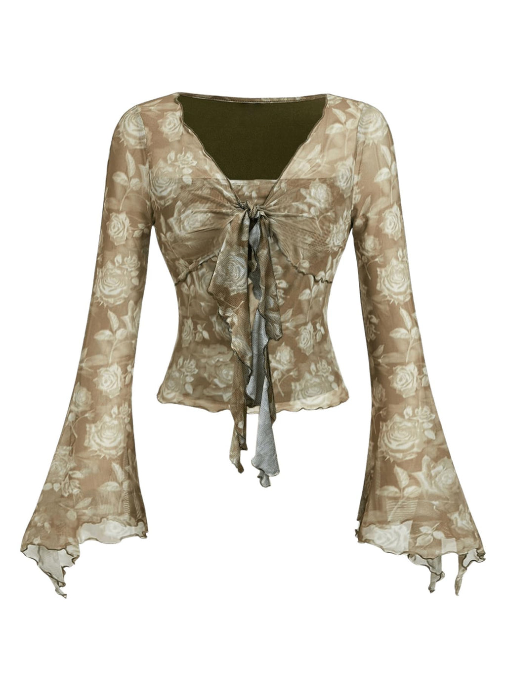 Verdusa Women's Y2K Tie Front Tops Bell Sleeve Floral Print Mesh Tops Long Sleeve Shirts 2000s Clothing