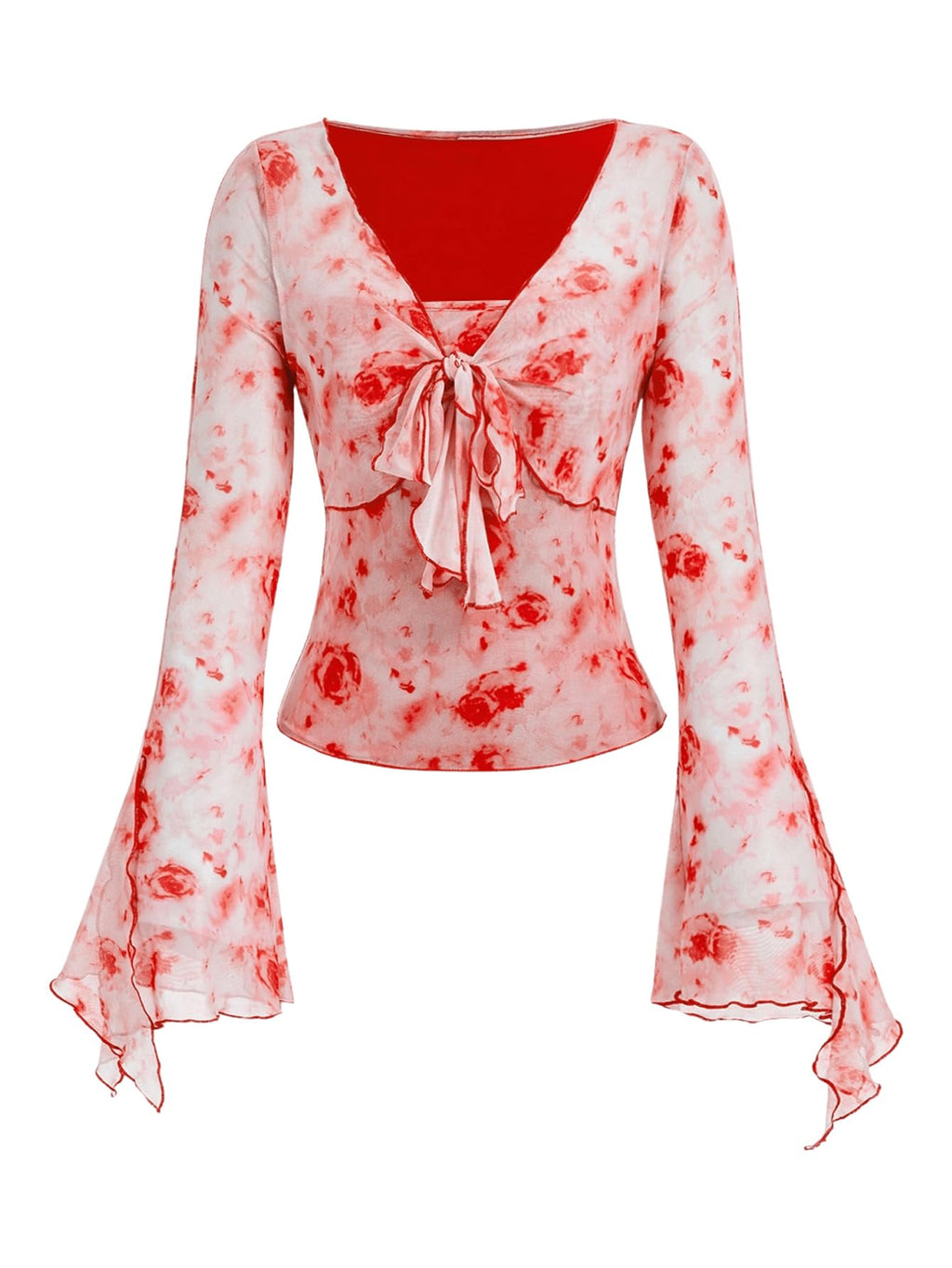 Verdusa Women's Y2K Tie Front Tops Bell Sleeve Floral Print Mesh Tops Long Sleeve Shirts 2000s Clothing
