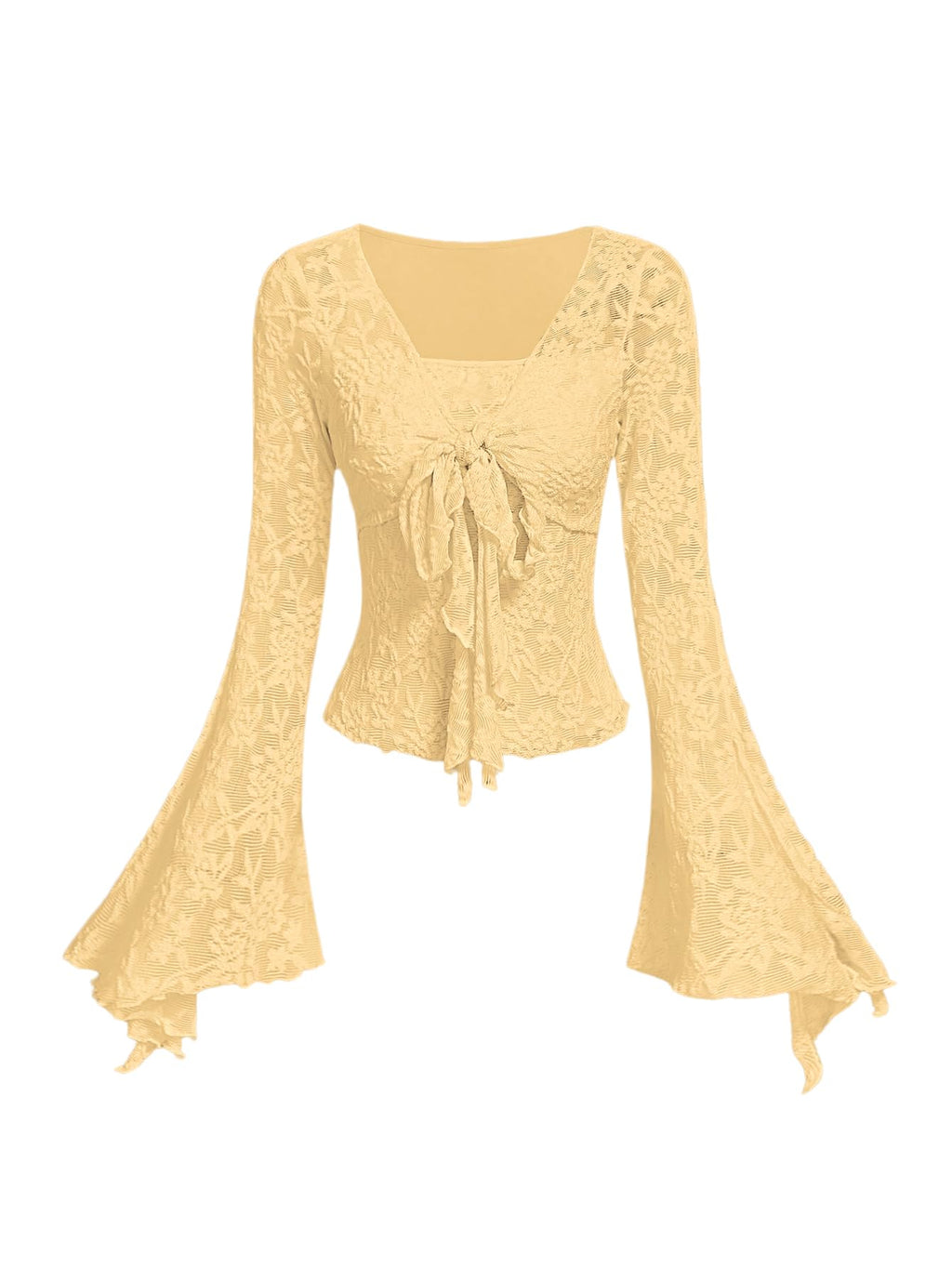 Verdusa Women's Y2K Tie Front Tops Bell Sleeve Floral Print Mesh Tops Long Sleeve Shirts 2000s Clothing