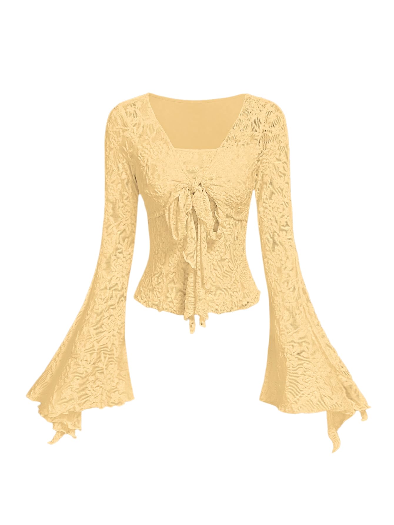 Verdusa Women's Y2K Tie Front Tops Bell Sleeve Floral Print Mesh Tops Long Sleeve Shirts 2000s Clothing