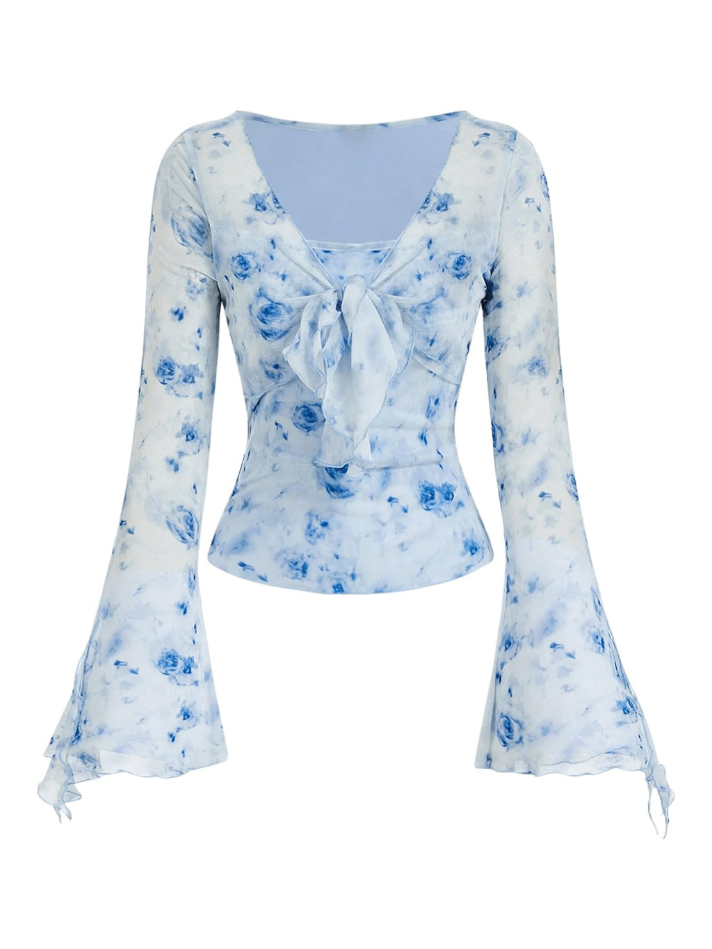 Verdusa Women's Y2K Tie Front Tops Bell Sleeve Floral Print Mesh Tops Long Sleeve Shirts 2000s Clothing