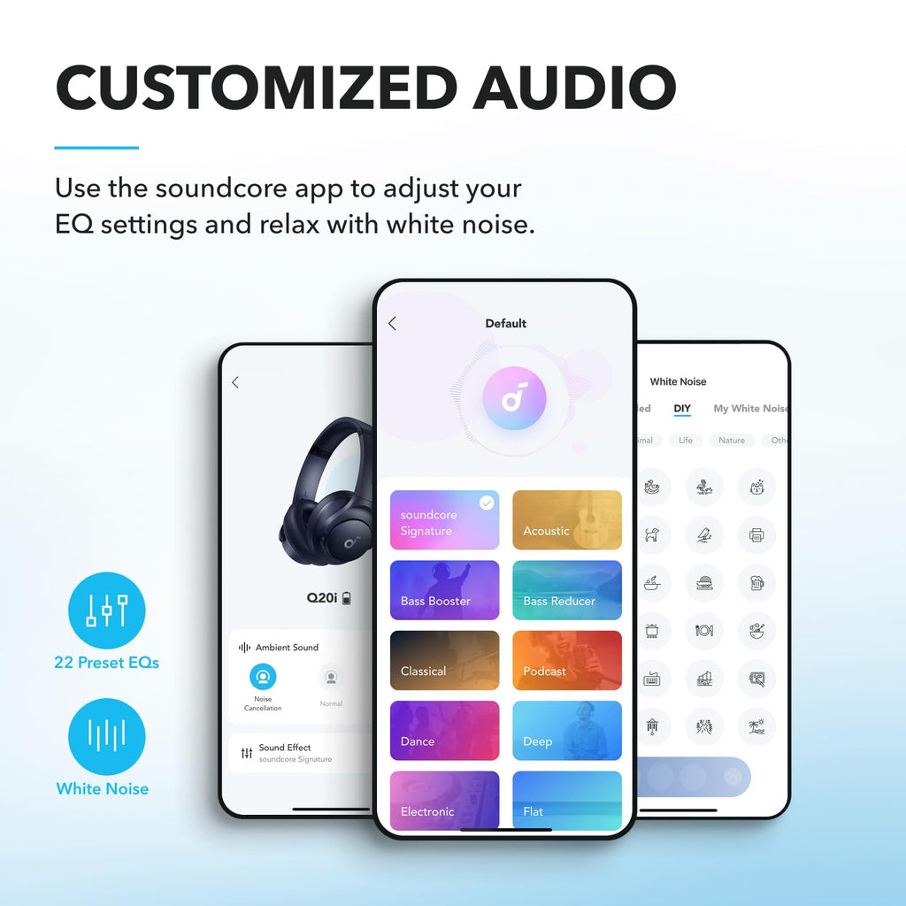 Soundcore by Anker Q20i Hybrid Active Noise Cancelling Headphones, Wireless Over-Ear Bluetooth, 40H Long ANC Playtime, Hi-Res Audio, Big Bass, Customize via an App, Transparency Mode (White)