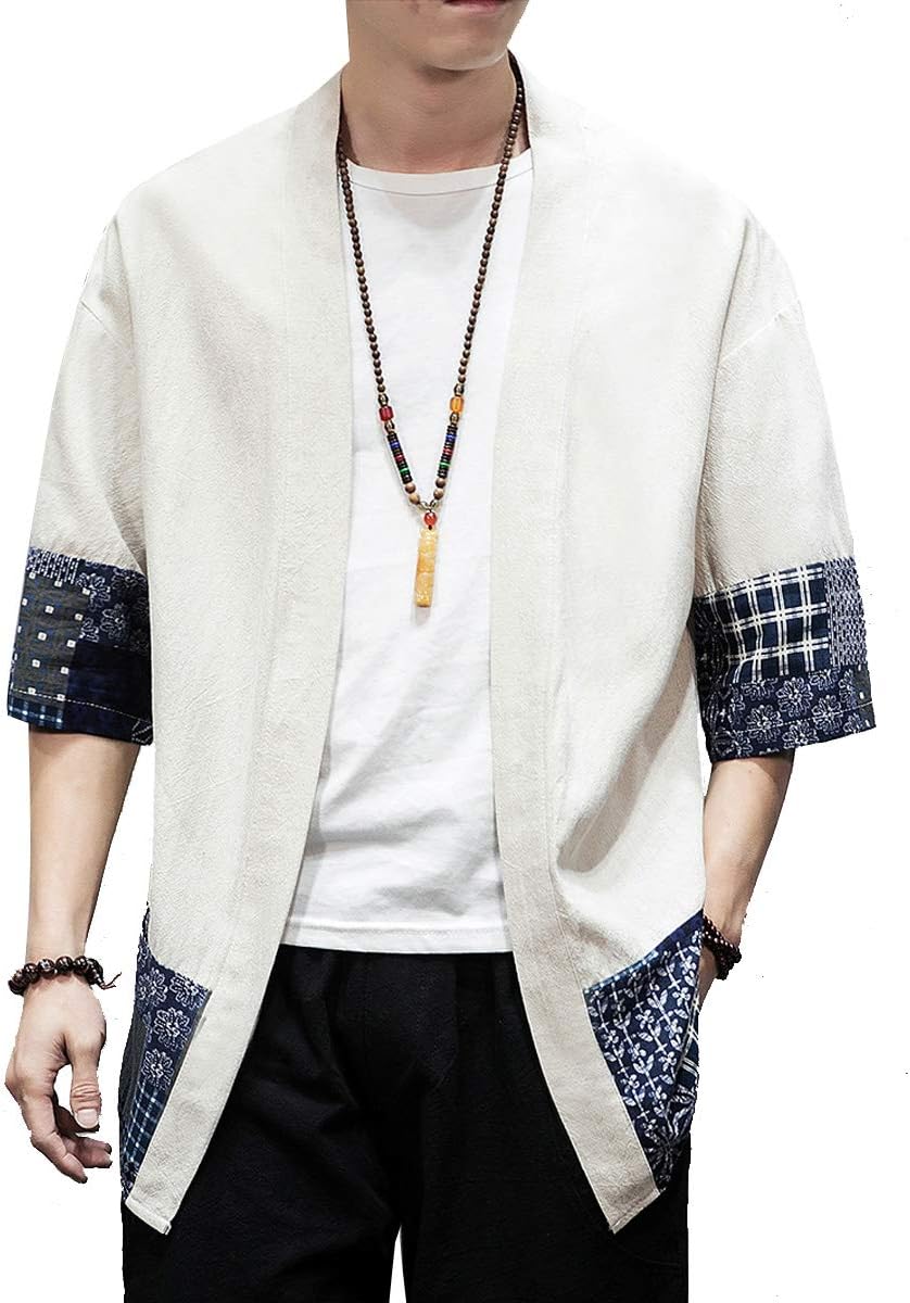 PRIJOUHE Men's Kimono Jackets Cardigan Lightweight Casual Cotton Blends Linen Seven Sleeves Open Front Coat Outwear
