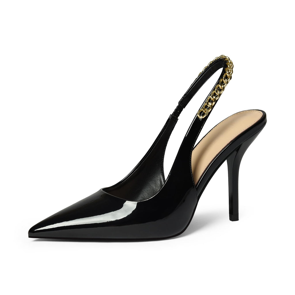 iiimmu Women's Stiletto Heels Closed Pointed Toe 4 in Heels for Women Patent Leather Pumps with Chain Wedding Party Dress Prom Heels Slingback Pumps