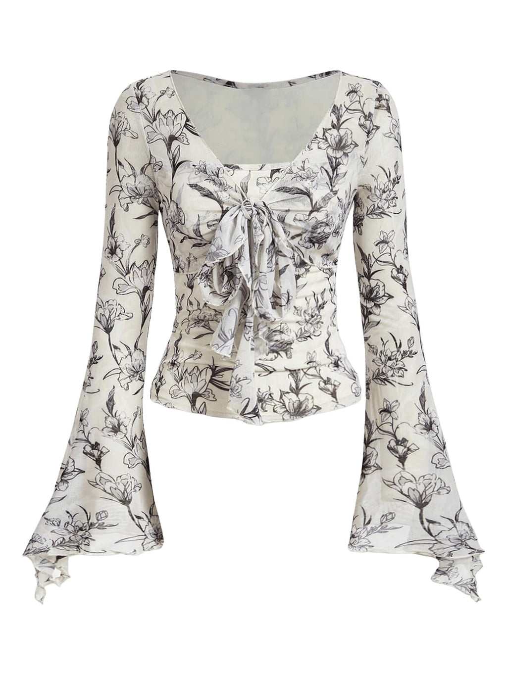 Verdusa Women's Y2K Tie Front Tops Bell Sleeve Floral Print Mesh Tops Long Sleeve Shirts 2000s Clothing