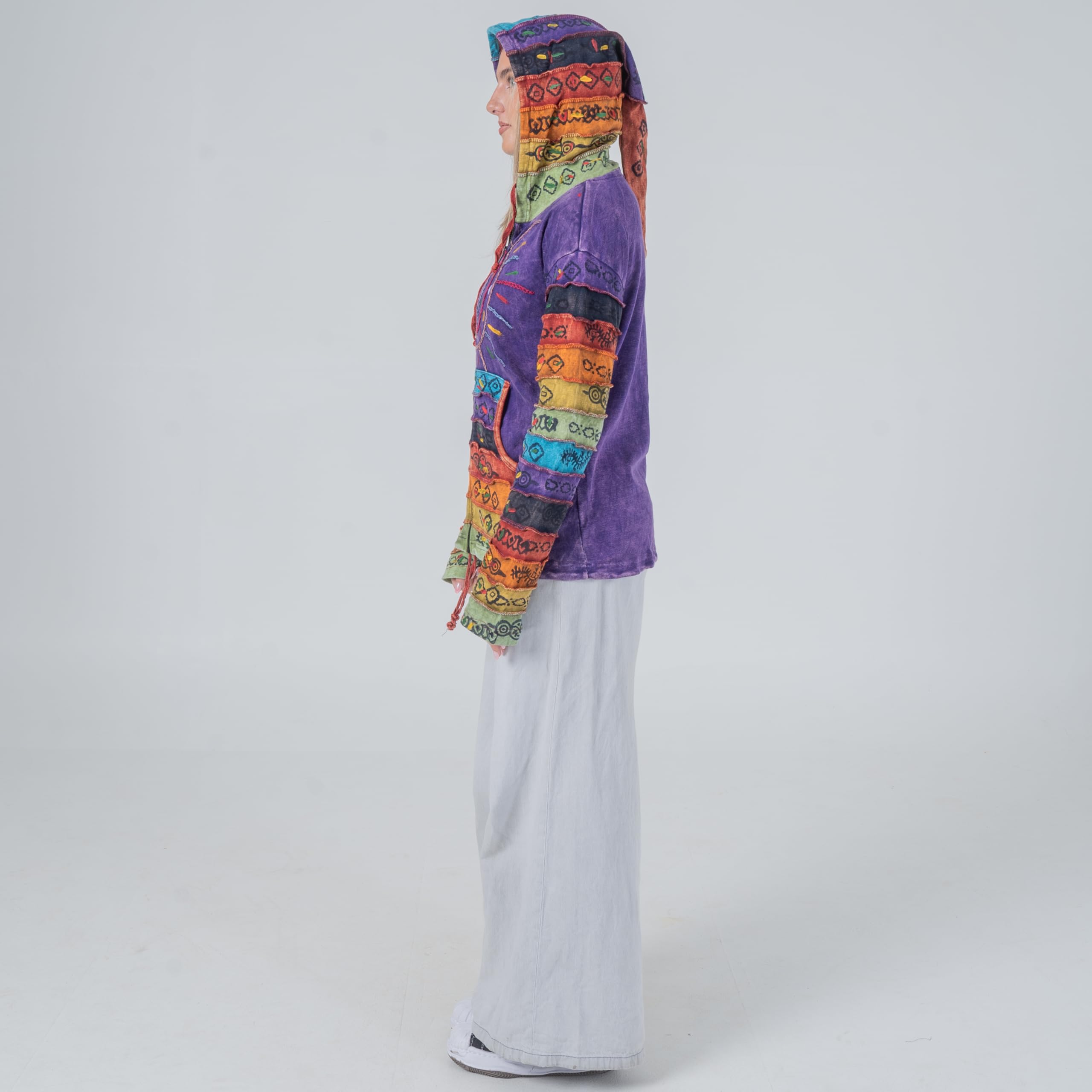 Shopoholic Fashion Women's Full Sleeve Gothic Sun Patchwork Faded Pixie Cotton Hippy Rib Hoodie