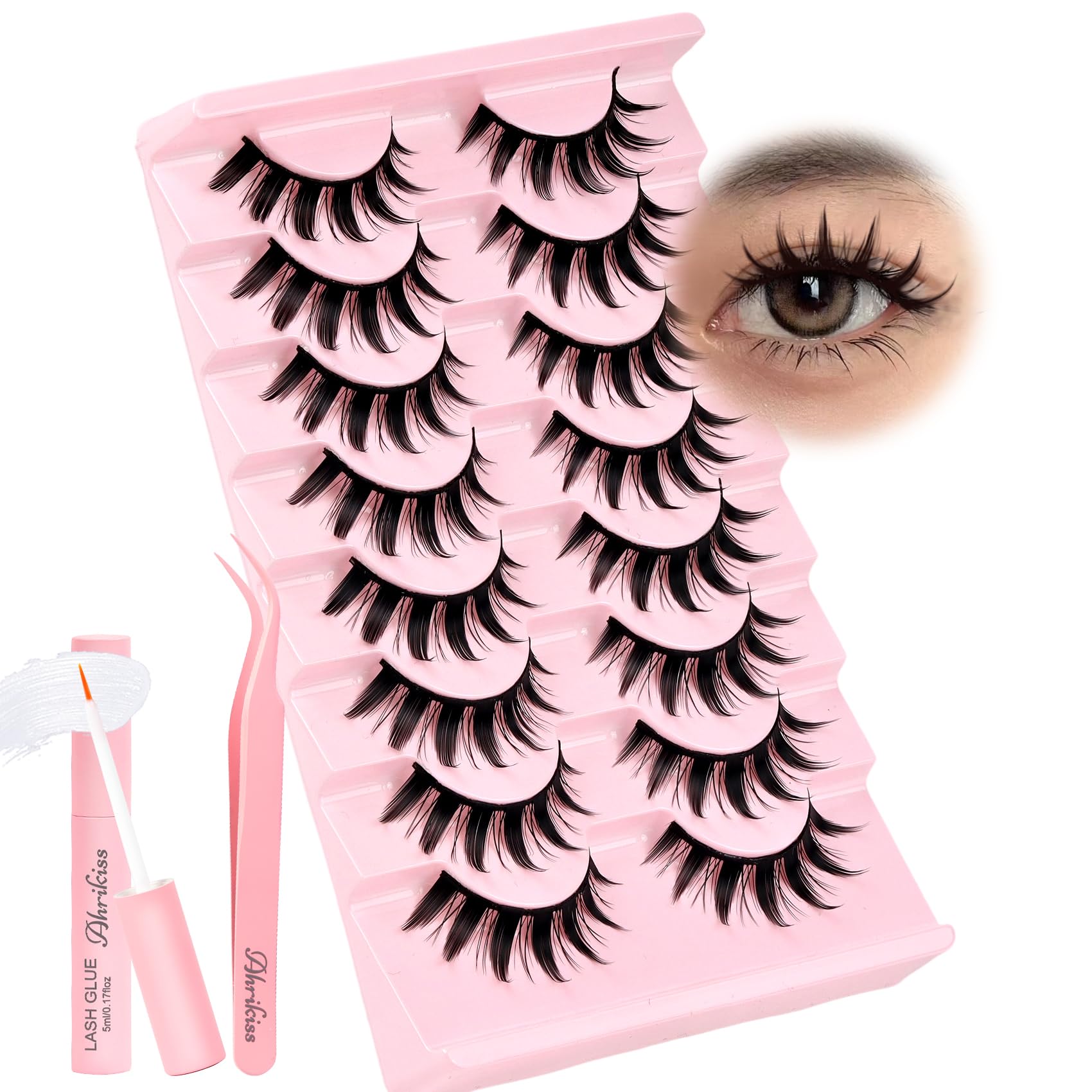 Ahrikiss Lashes Wispy False Eyelashes Natural Look Cat Eye Lashes 8 Pairs Faux Mink Lashes Lightweight Eyelashes Kit with Lash Glue and Lash Tweezers Soft Fake Lashes (Ethereal)