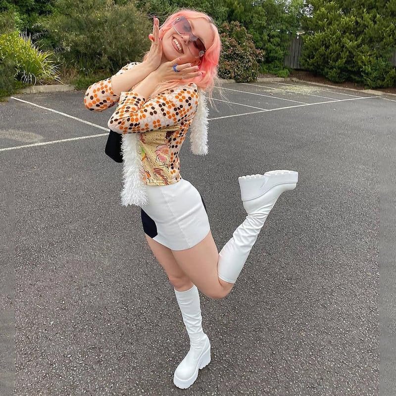 AMINUGAL Womens Elastic Knee High Platform Chunky Block High Heel Sock Boots Zipper Round Toe Fashion Motorcycle Combat Punk Boots For Women