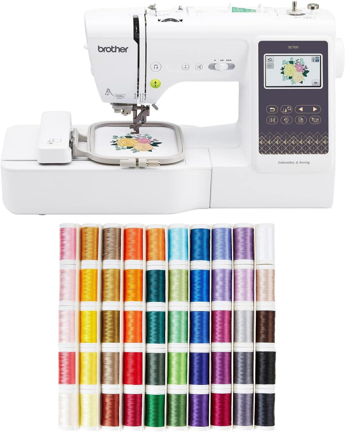 Brother SE700 Sewing and Embroidery Machine, Wireless LAN Connected, 135 Built-in Designs, 103 Built-in Stitches, Computerized, 4" x 4" Hoop Area, 3.7" Touchscreen Display, 8 Included Feet, White