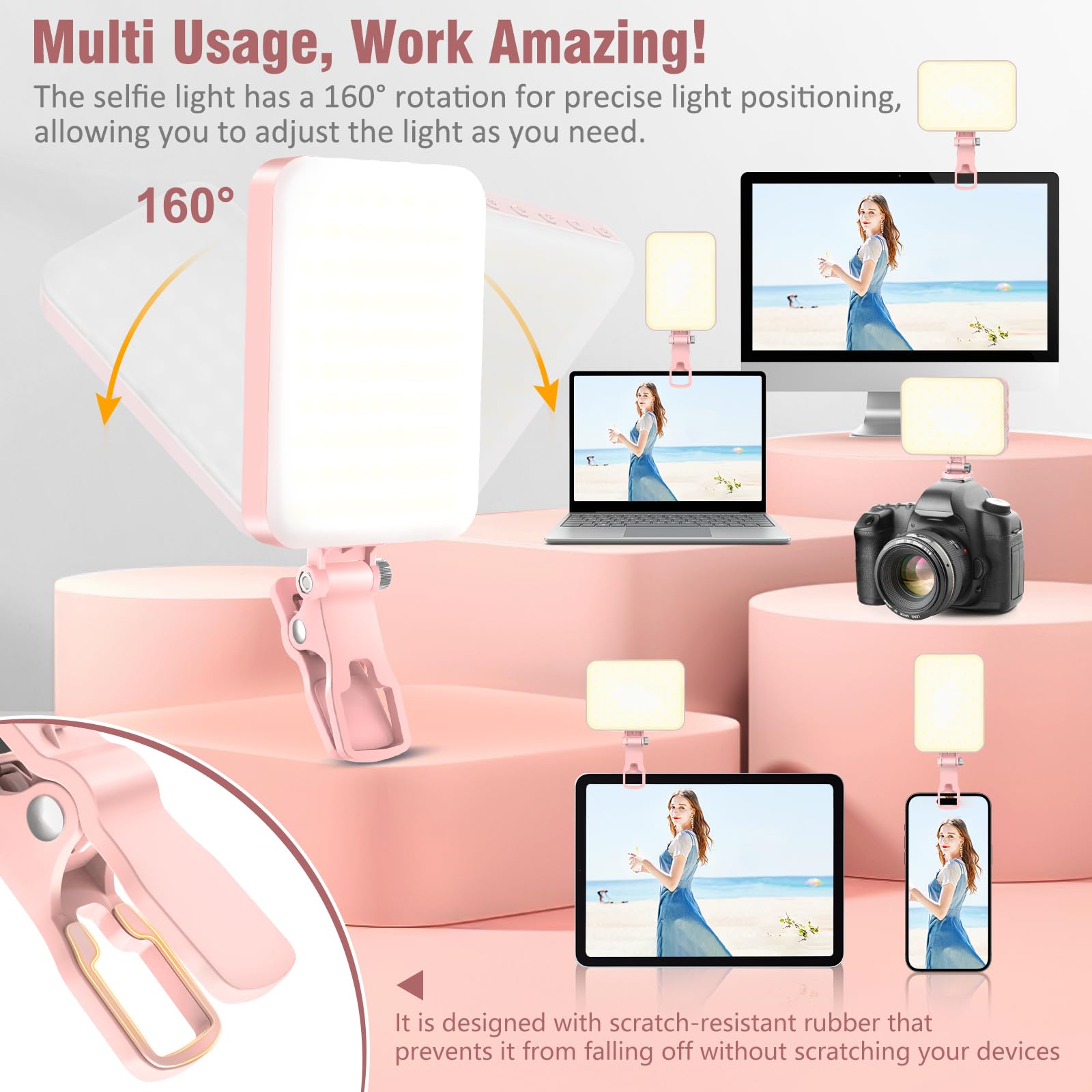 ALTSON 60 LED Portable Selfie Light Video Conference Lighting with Clip & Camera Tripod Adapter Rechargeable 2200mAh CRI 97+, 3 Light Modes for Phone iPhone Webcam Laptop Photo Makeup