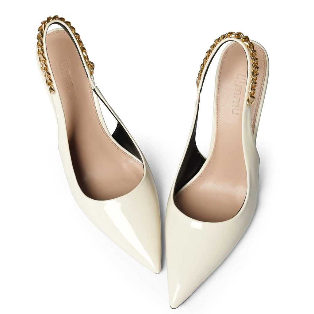 iiimmu Women's Stiletto Heels Closed Pointed Toe 4 in Heels for Women Patent Leather Pumps with Chain Wedding Party Dress Prom Heels Slingback Pumps