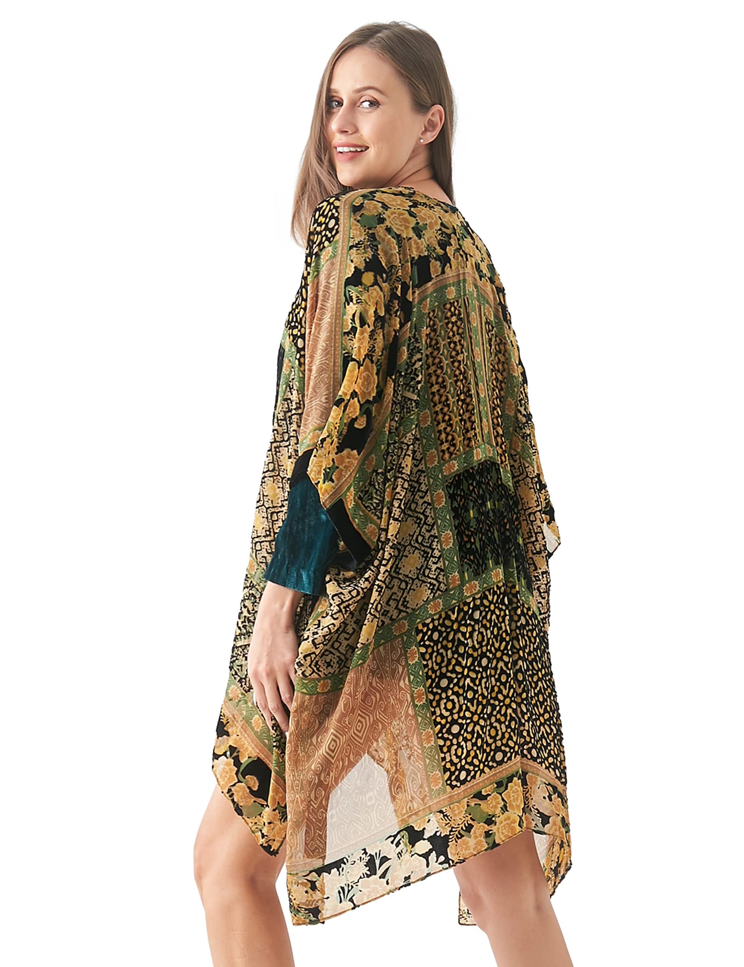 Women's Burnout Velvet Kimono Long Cardigan Cover Up Casual Outfit