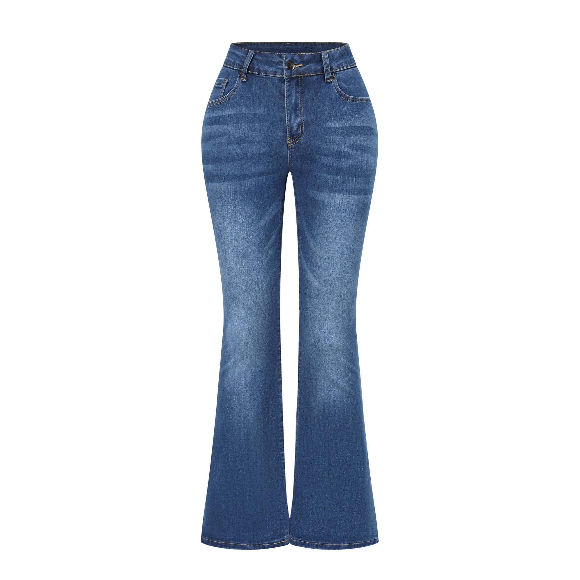 THUNDER STAR Womens Stretchy Mid Rise Flare Jeans Distressed Denim Bell Bottom Pants