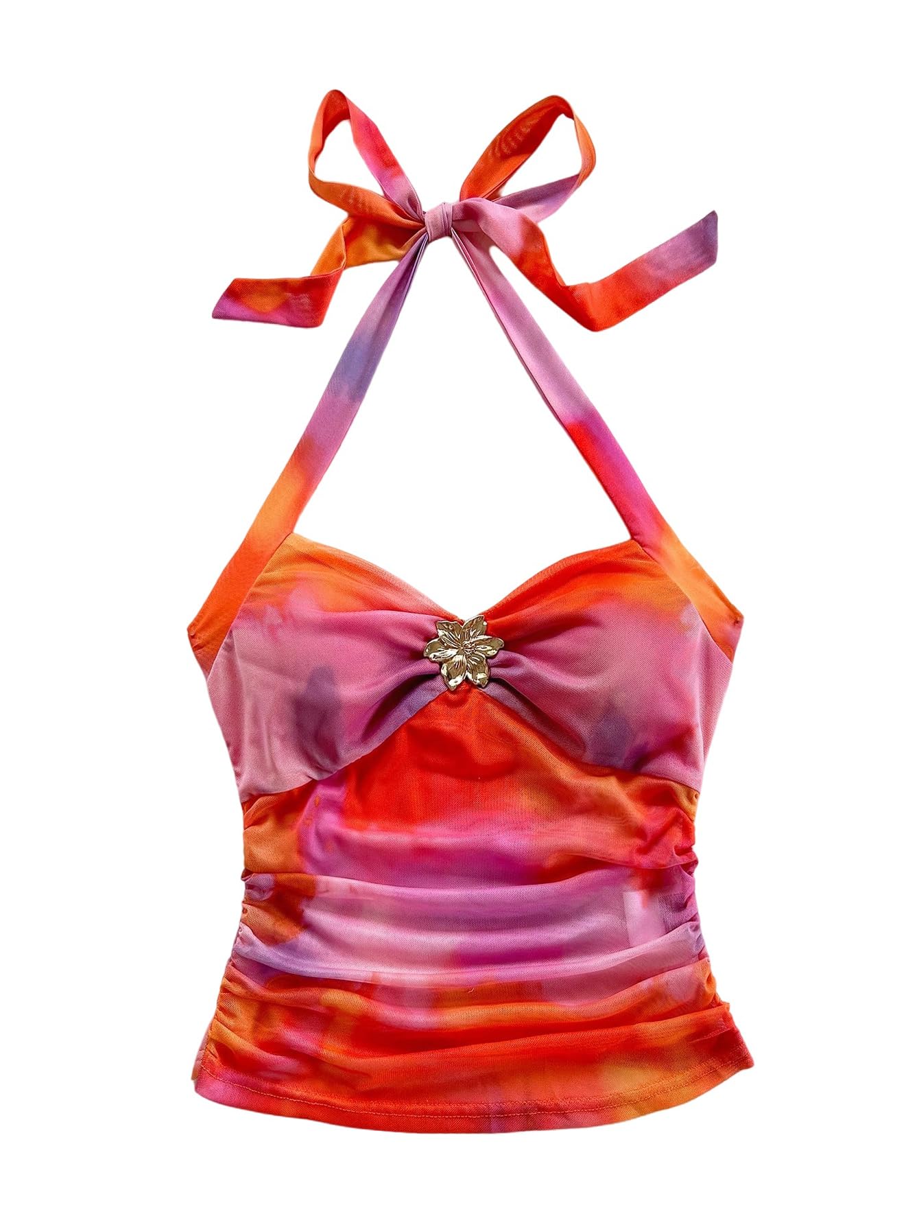 SOLY HUX Women's V Neck Halter Tops Open Back Y2k Ruched Floral Metal Summer Going Out Cami Tops