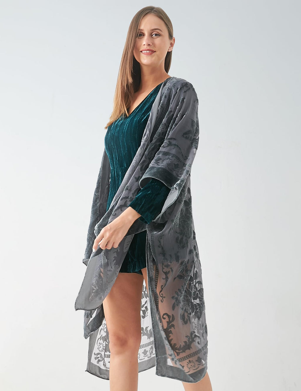 Women's Burnout Velvet Kimono Long Cardigan Cover Up Casual Outfit