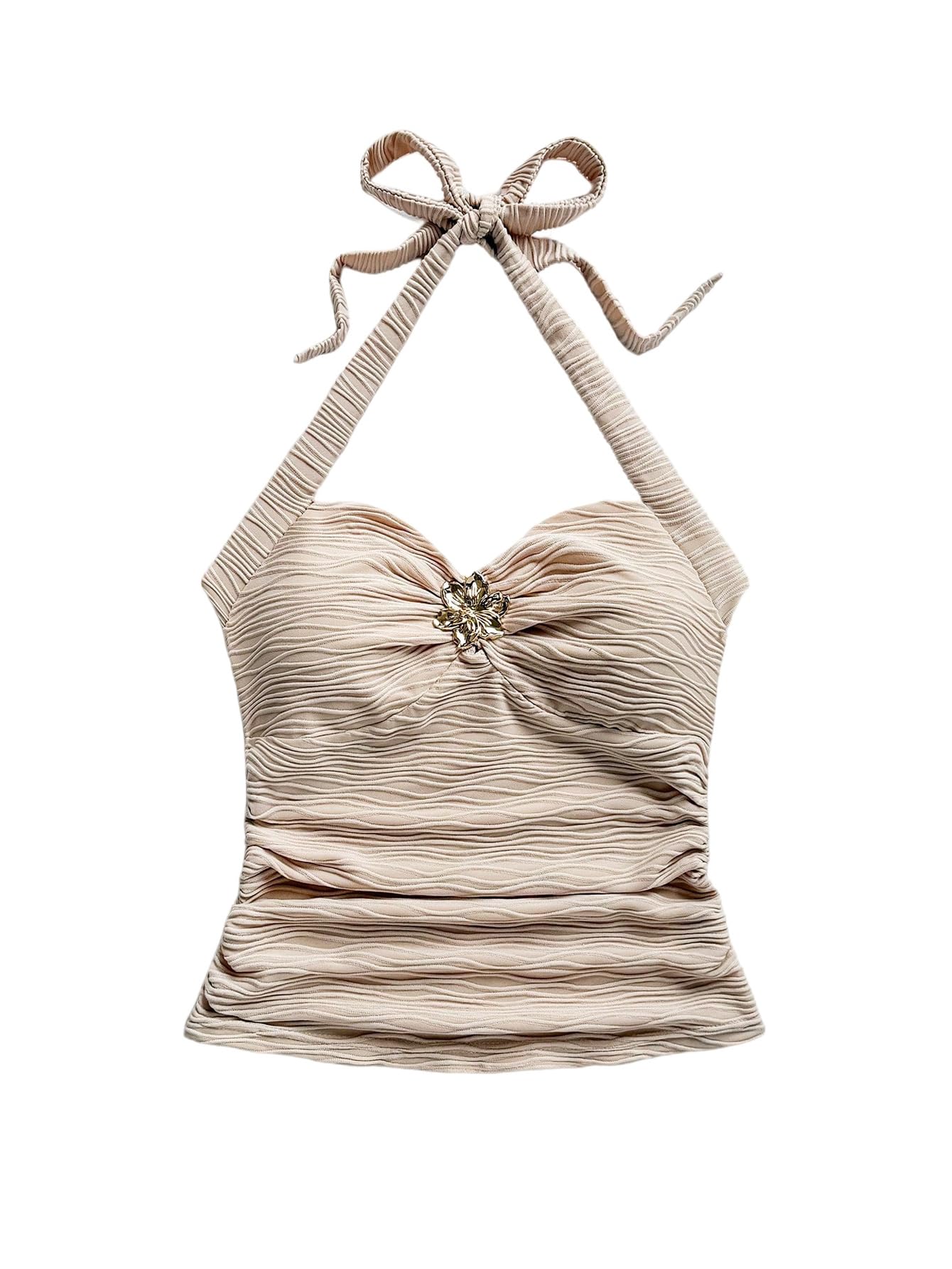 SOLY HUX Women's V Neck Halter Tops Open Back Y2k Ruched Floral Metal Summer Going Out Cami Tops