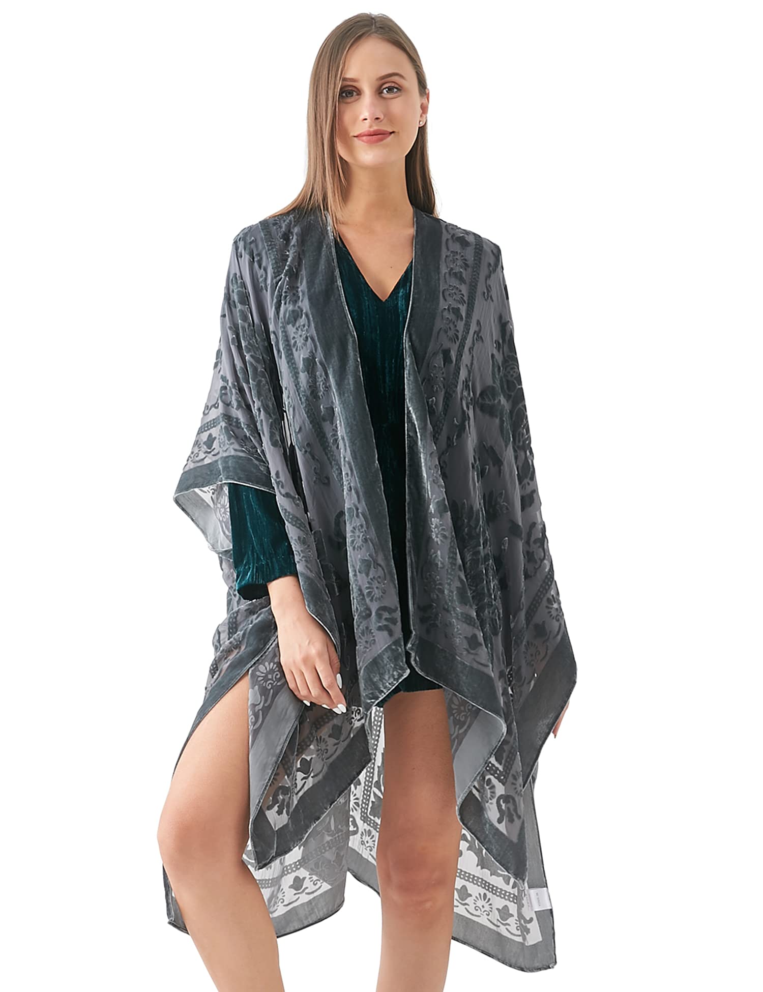 Women's Burnout Velvet Kimono Long Cardigan Cover Up Casual Outfit