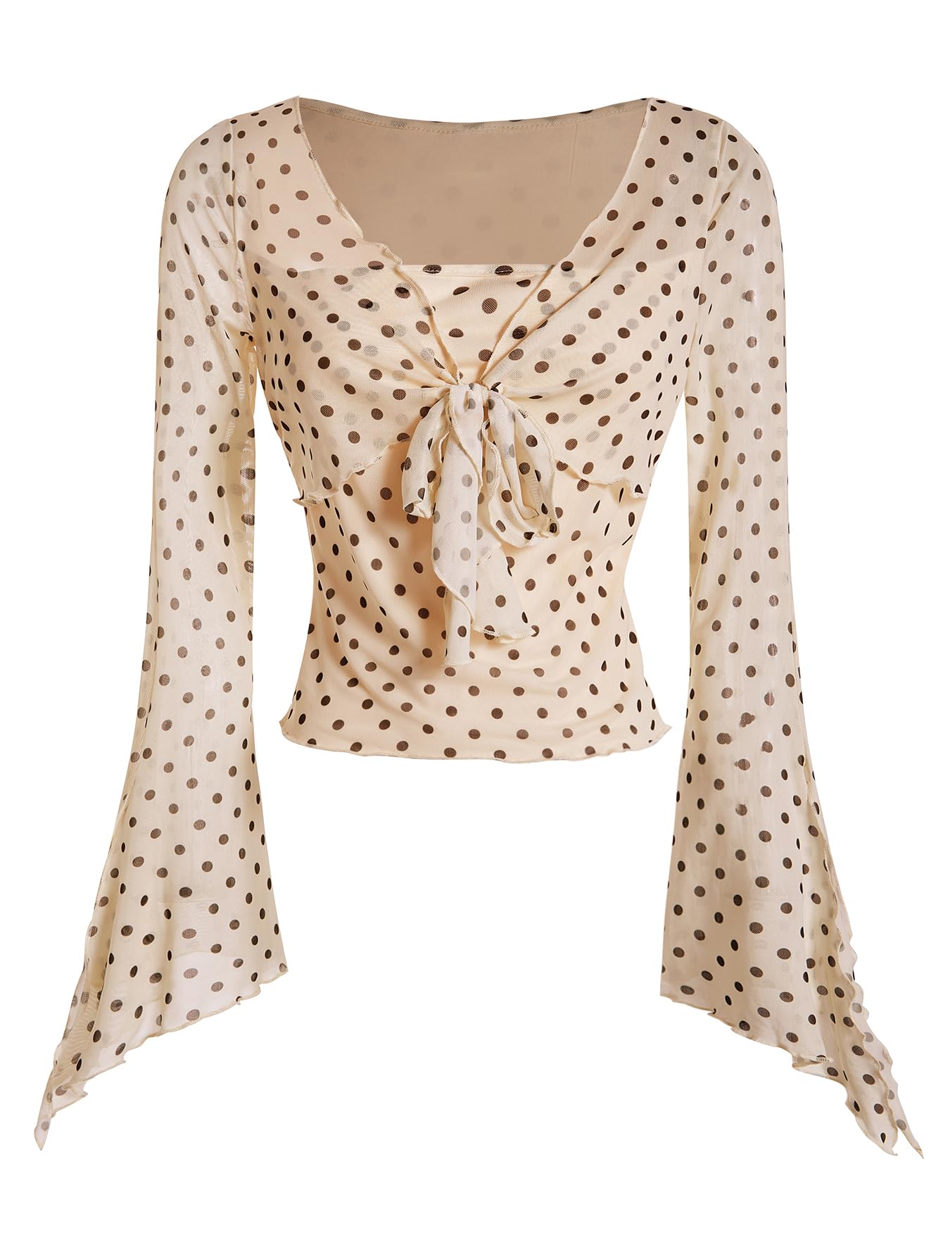 Verdusa Women's Y2K Tie Front Tops Bell Sleeve Floral Print Mesh Tops Long Sleeve Shirts 2000s Clothing