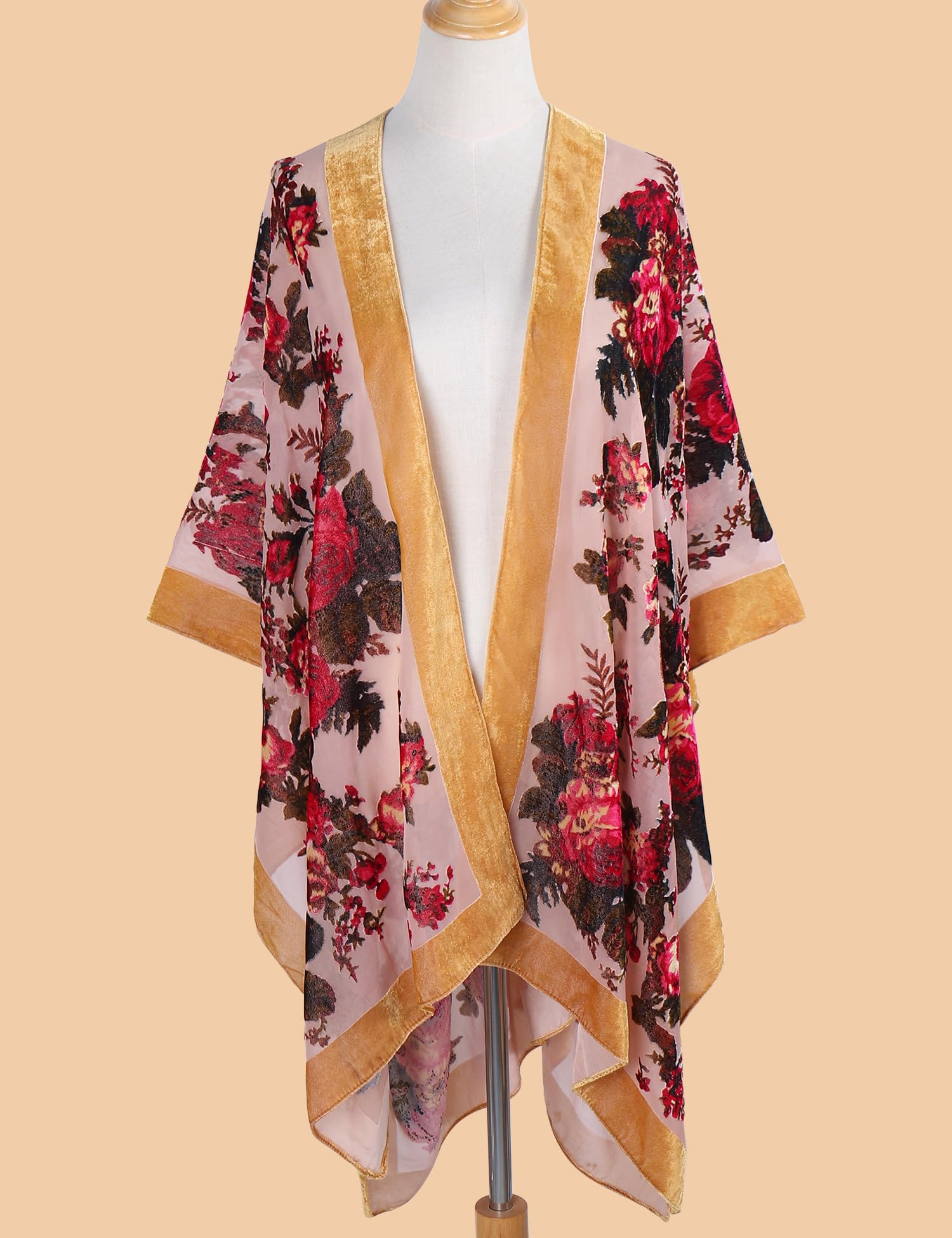 Women's Burnout Velvet Kimono Long Cardigan Cover Up Casual Outfit
