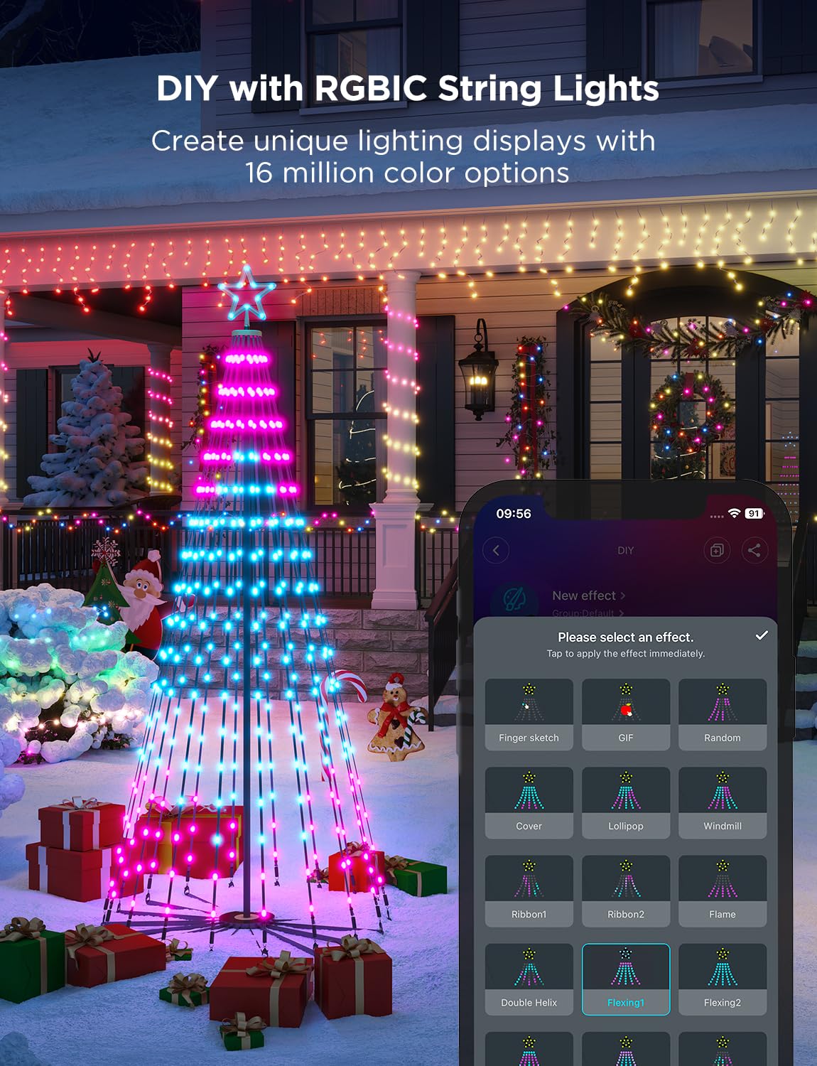 Govee Christmas Cone Tree Lights, 6ft 316 LEDs RGBIC Christmas Tree Lights with Smart App Control, IP67 Waterproof Outdoor String Lights for Xmas Decorations, 82+ Scene Modes, Music Sync, Black Stand