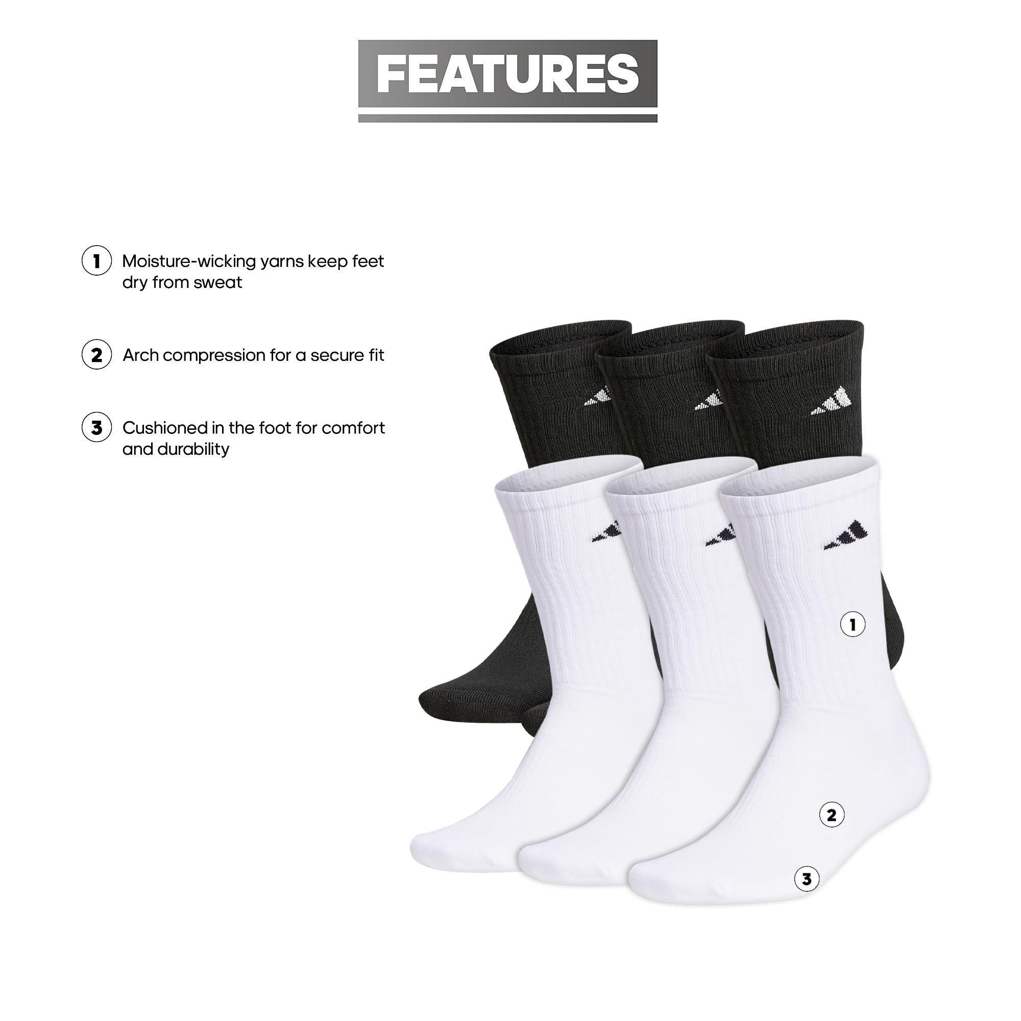 adidas Men's Athletic Cushioned 6-Pack Crew, Cushioned Crew Socks with Arch Compression for a Secure Fit