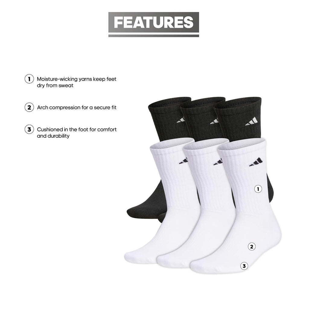 adidas Men's Athletic Cushioned 6-Pack Crew, Cushioned Crew Socks with Arch Compression for a Secure Fit