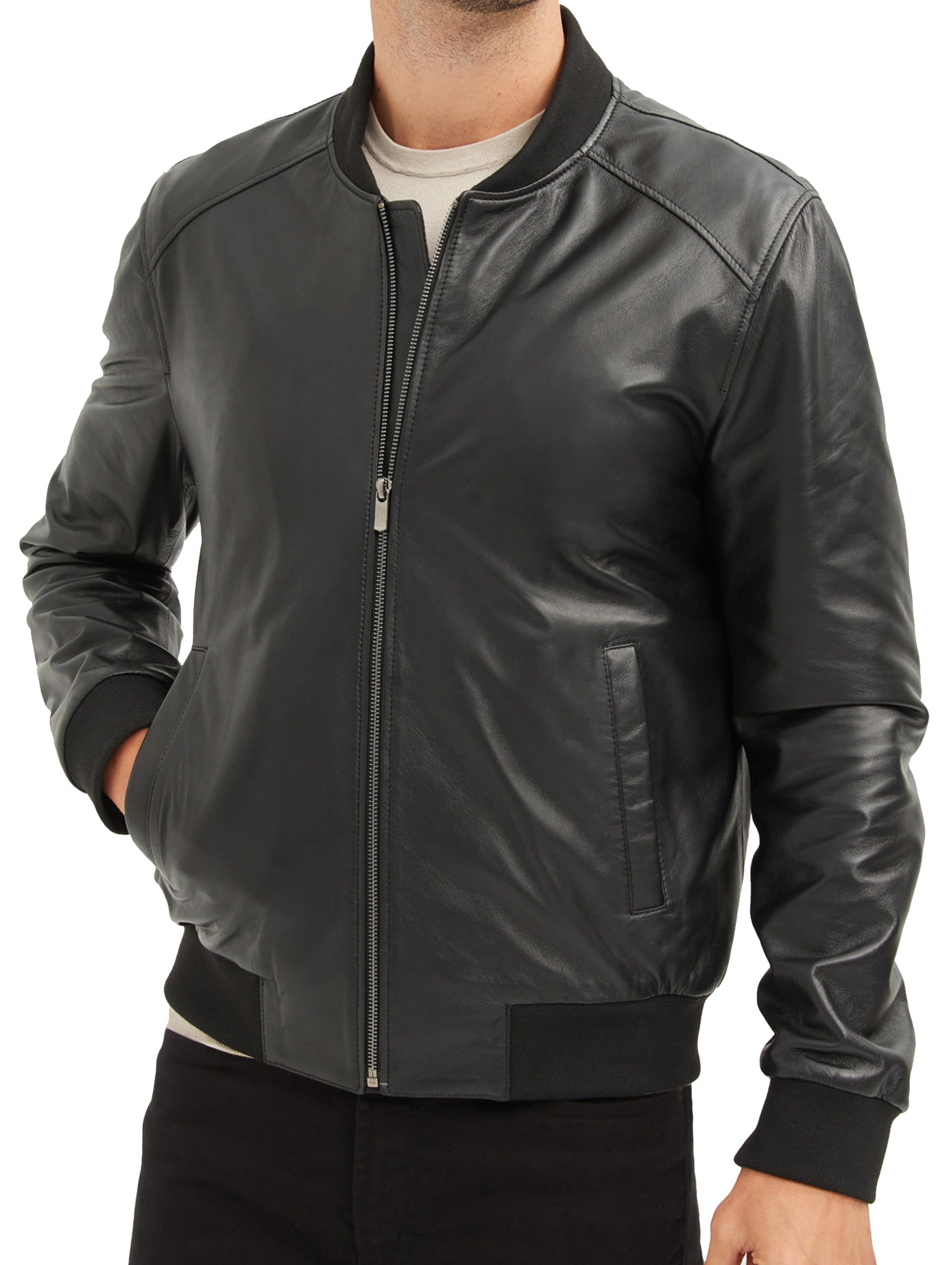 Bigardini Men's Leather Bomber Jacket - Genuine Lambskin Leather Jacket for Men - Black