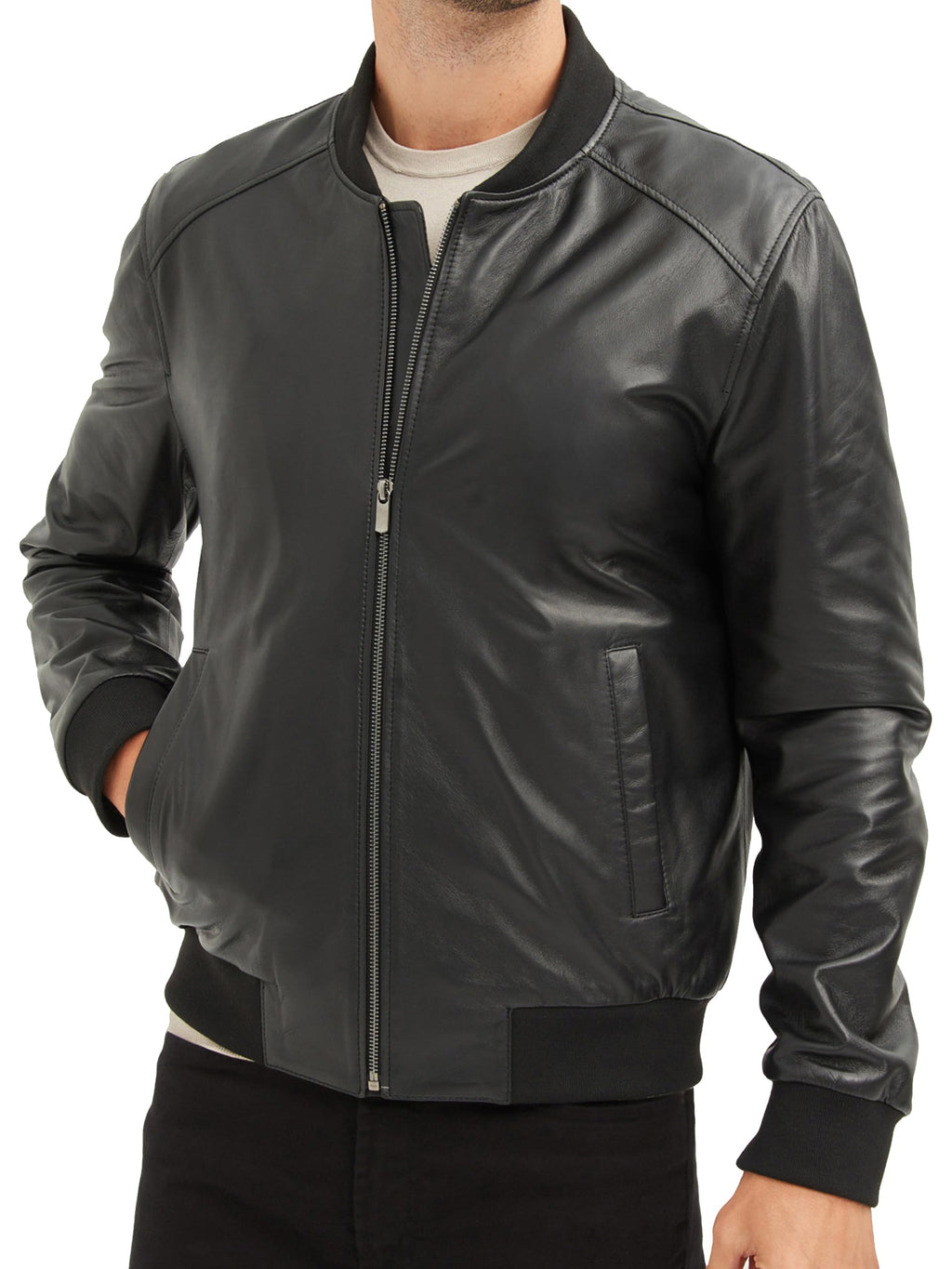 Bigardini Men's Leather Bomber Jacket - Genuine Lambskin Leather Jacket for Men - Black