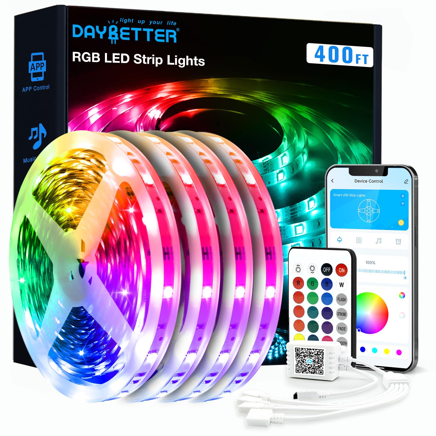 DAYBETTER LED Strip Lights 130ft Lights Strip for Bedroom, Desk, Indoor Room Bedroom Brithday Gifts RGB Decor with Remote and 24V Power Supply