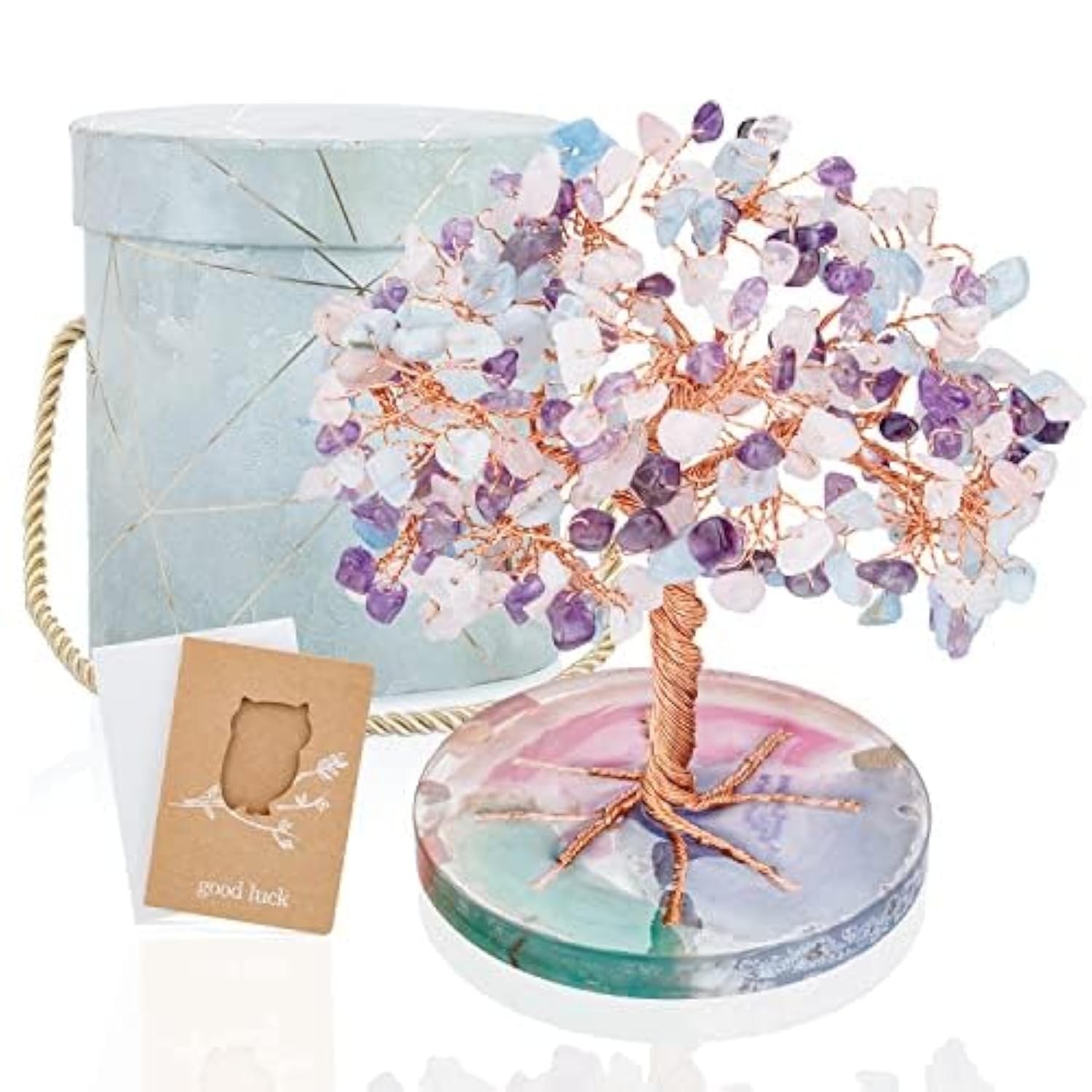 ZenBless 7 Chakra Healing Crystals Stones Tree, Amethyst, Pink Crystal, Aquamarine Leaf Wire Wrapped on Natural Agate Slice Base, Home Office Desk Living Room Feng Shui Decoration for Luck