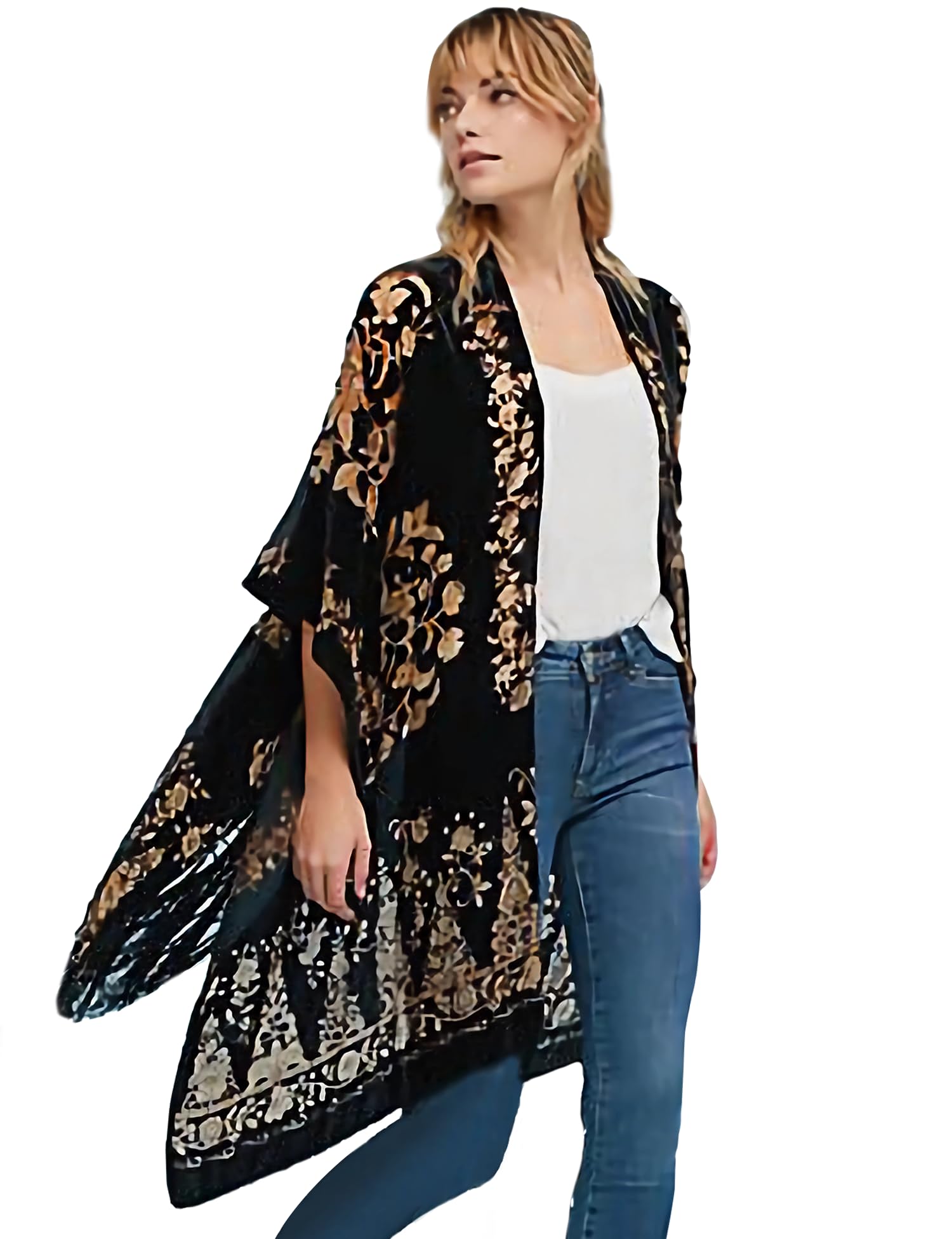 Women's Burnout Velvet Kimono Long Cardigan Cover Up Casual Outfit