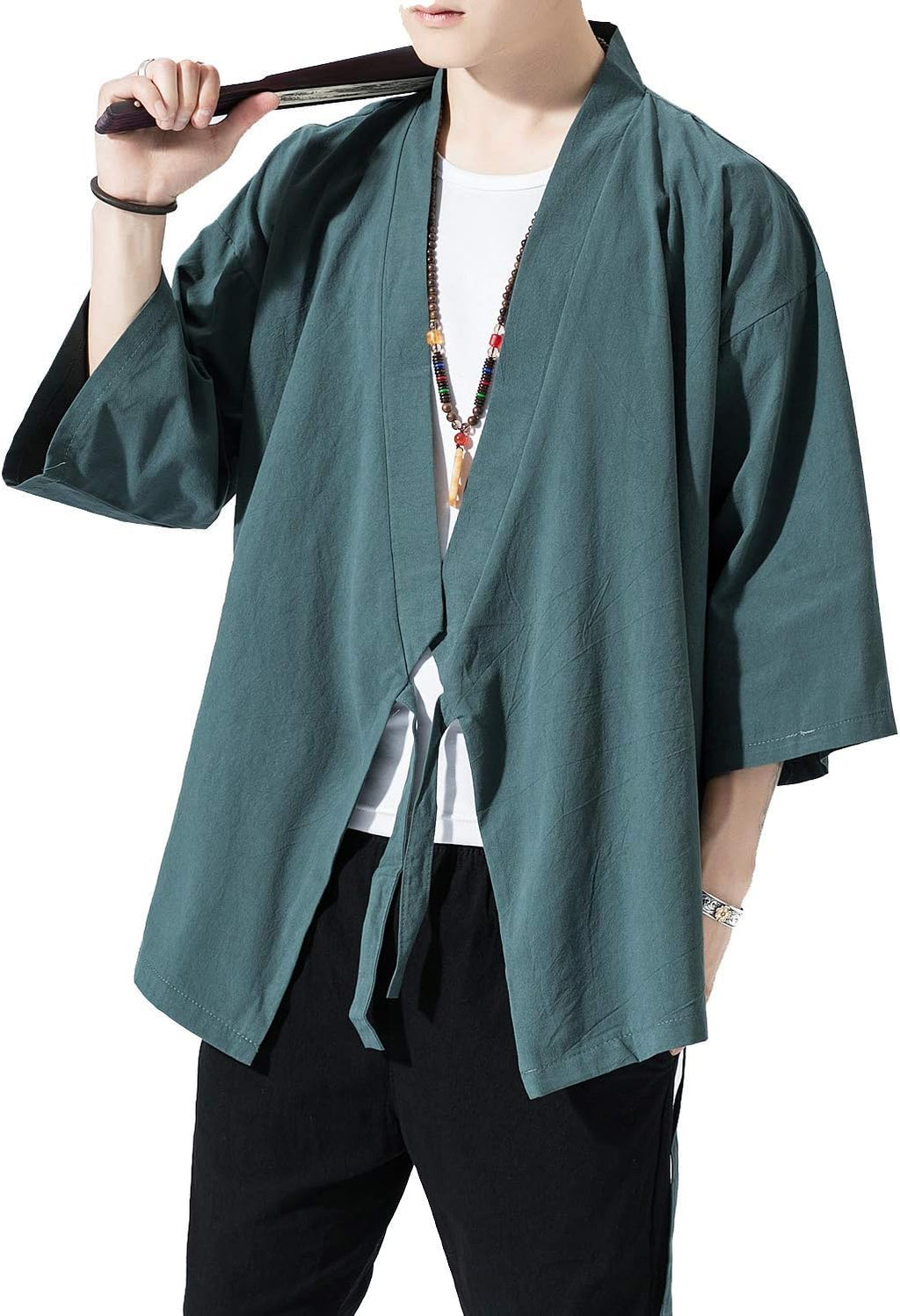 PRIJOUHE Men's Kimono Jackets Cardigan Lightweight Casual Cotton Blends Linen Seven Sleeves Open Front Coat Outwear