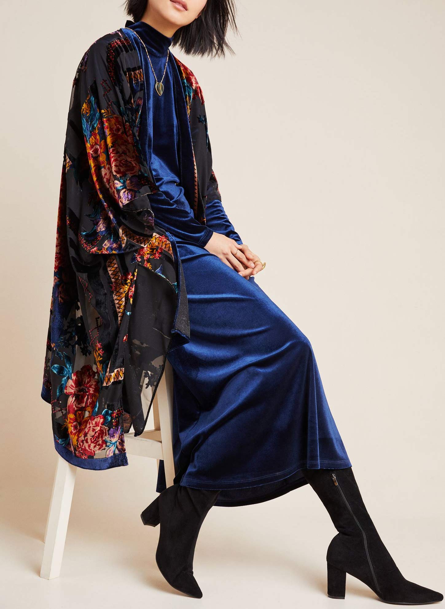 Women's Burnout Velvet Kimono Long Cardigan Cover Up Casual Outfit