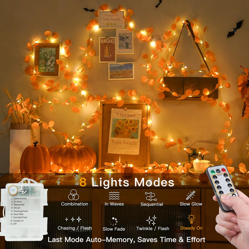 suddus Vine with Fairy Lights Battery Operated, 33ft 100 LED Maple Leaf String Lights with Remote, Dimmable Fall Garland with Lights for Bedroom Wall Indoor Outdoor Thanksgiving Decor (Warm White)