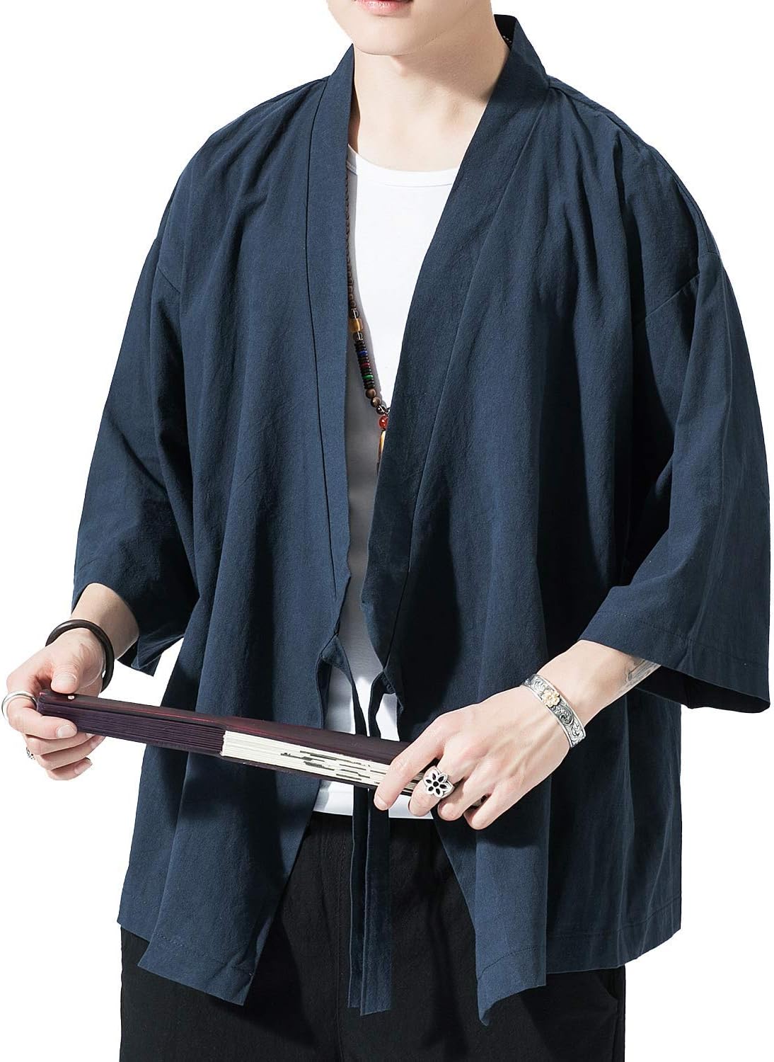 PRIJOUHE Men's Kimono Jackets Cardigan Lightweight Casual Cotton Blends Linen Seven Sleeves Open Front Coat Outwear