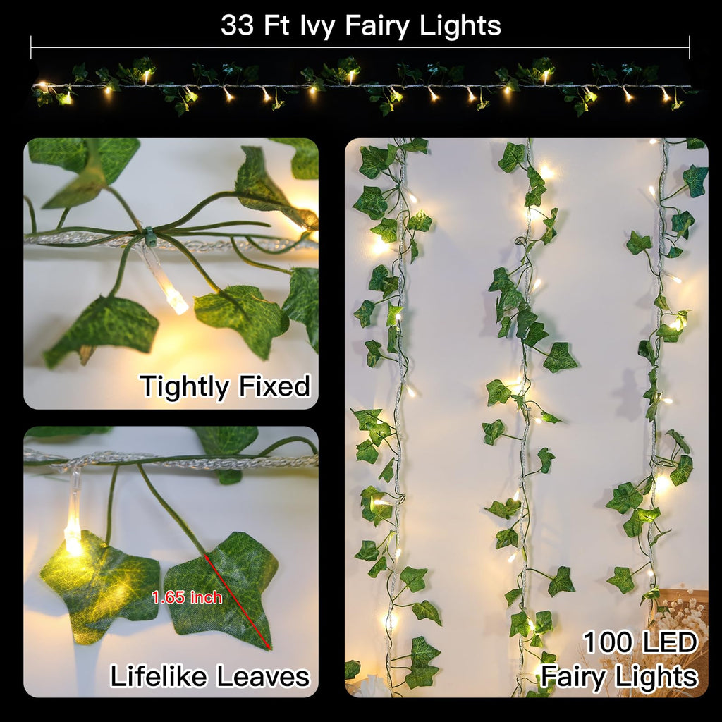 suddus Vine with Fairy Lights Battery Operated, 33ft 100 LED Maple Leaf String Lights with Remote, Dimmable Fall Garland with Lights for Bedroom Wall Indoor Outdoor Thanksgiving Decor (Warm White)