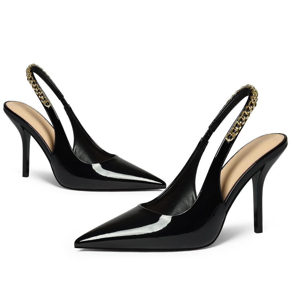 iiimmu Women's Stiletto Heels Closed Pointed Toe 4 in Heels for Women Patent Leather Pumps with Chain Wedding Party Dress Prom Heels Slingback Pumps