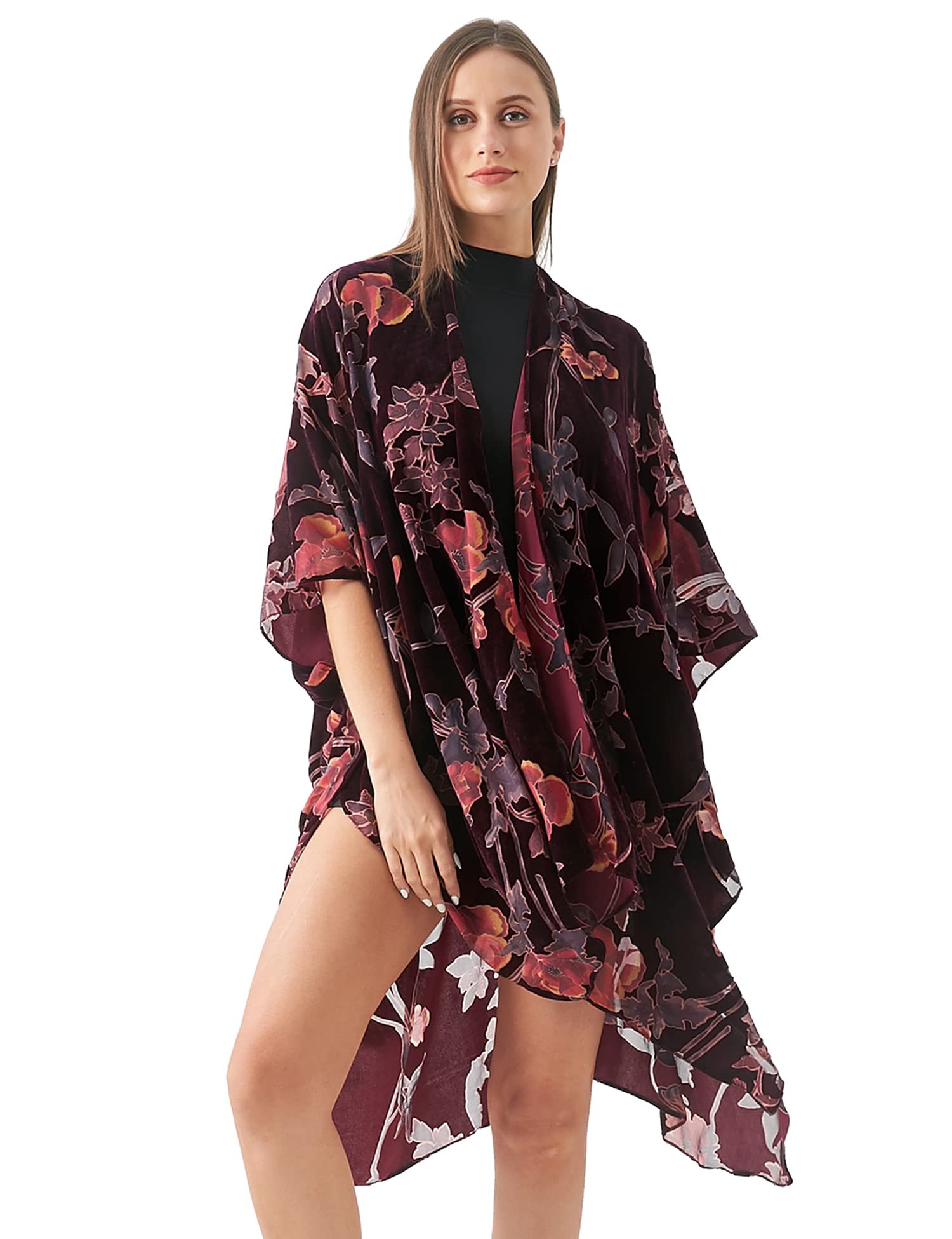 Women's Burnout Velvet Kimono Long Cardigan Cover Up Casual Outfit