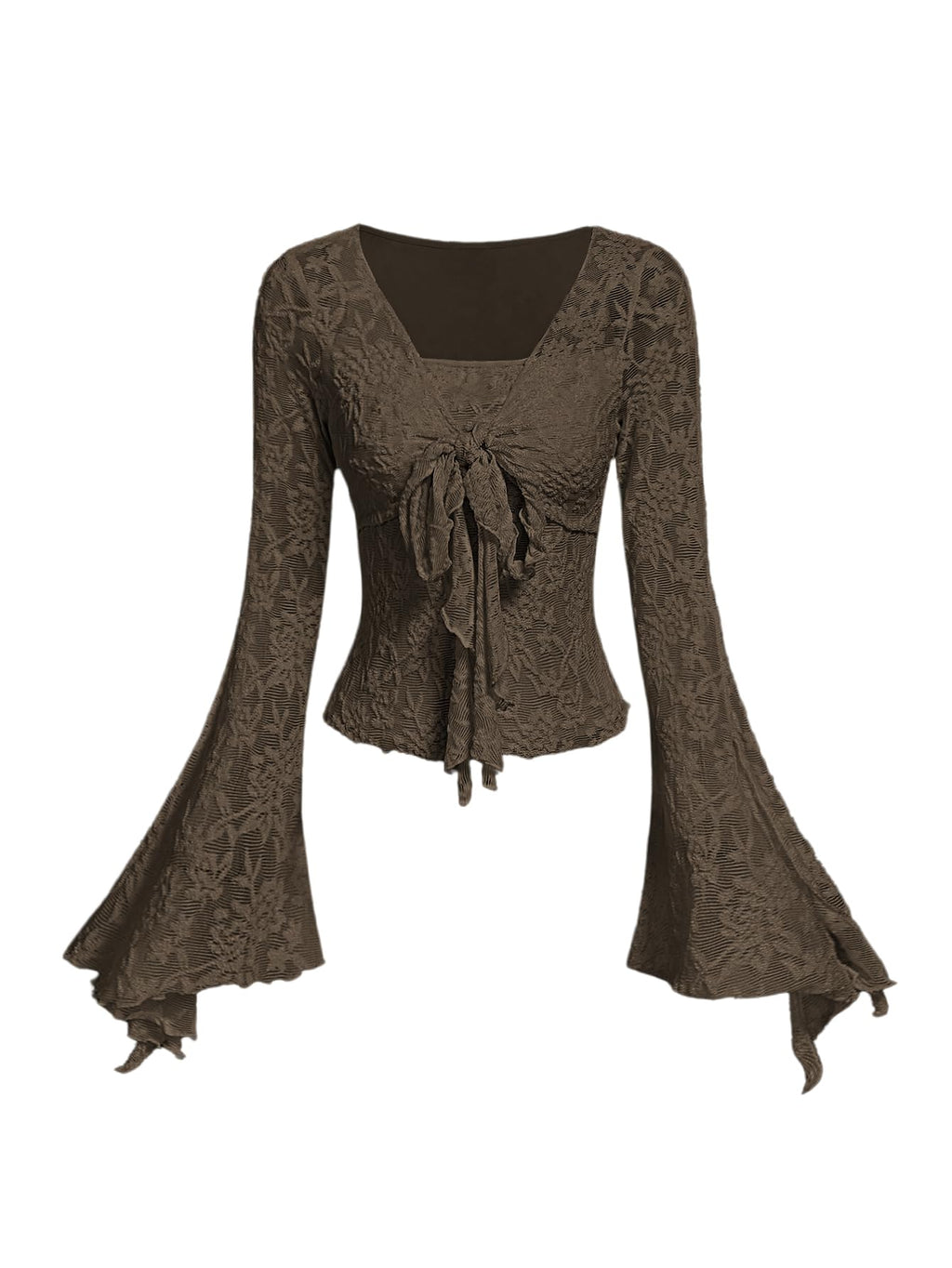 Verdusa Women's Y2K Tie Front Tops Bell Sleeve Floral Print Mesh Tops Long Sleeve Shirts 2000s Clothing