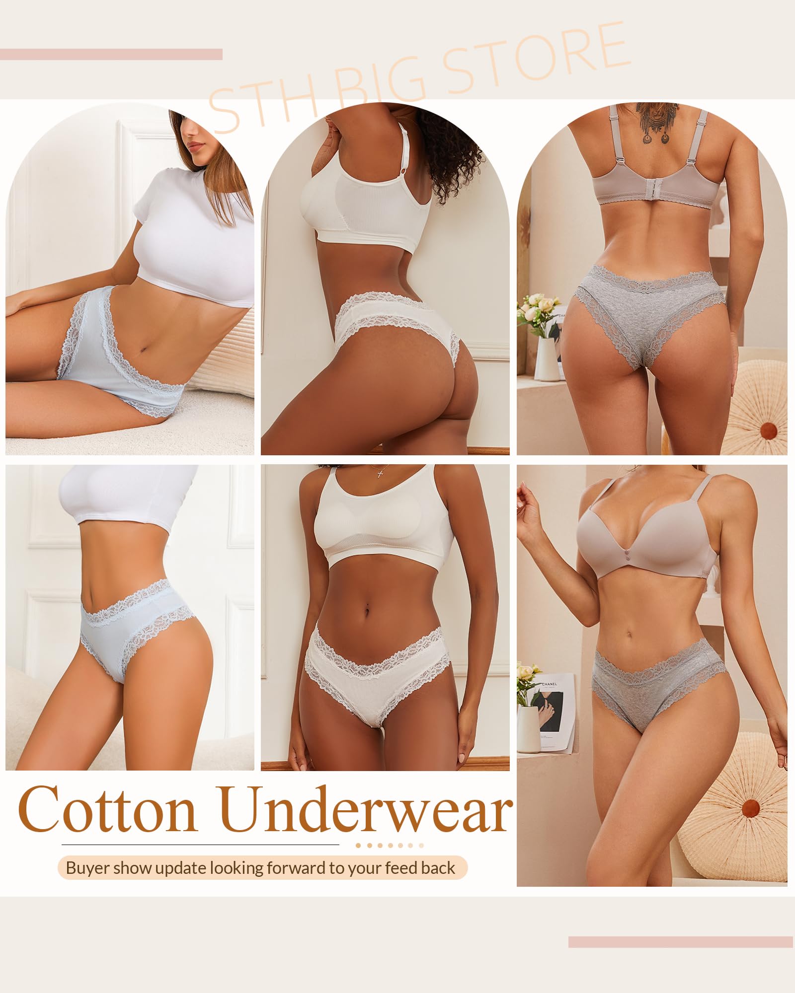 Sth Big Womens Cotton Underwear Sexy Lace Brazilian Panties Soft Breathable Cotton Bikini for Ladies 6 Pack