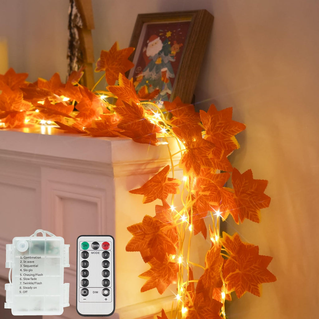 suddus Vine with Fairy Lights Battery Operated, 33ft 100 LED Maple Leaf String Lights with Remote, Dimmable Fall Garland with Lights for Bedroom Wall Indoor Outdoor Thanksgiving Decor (Warm White)