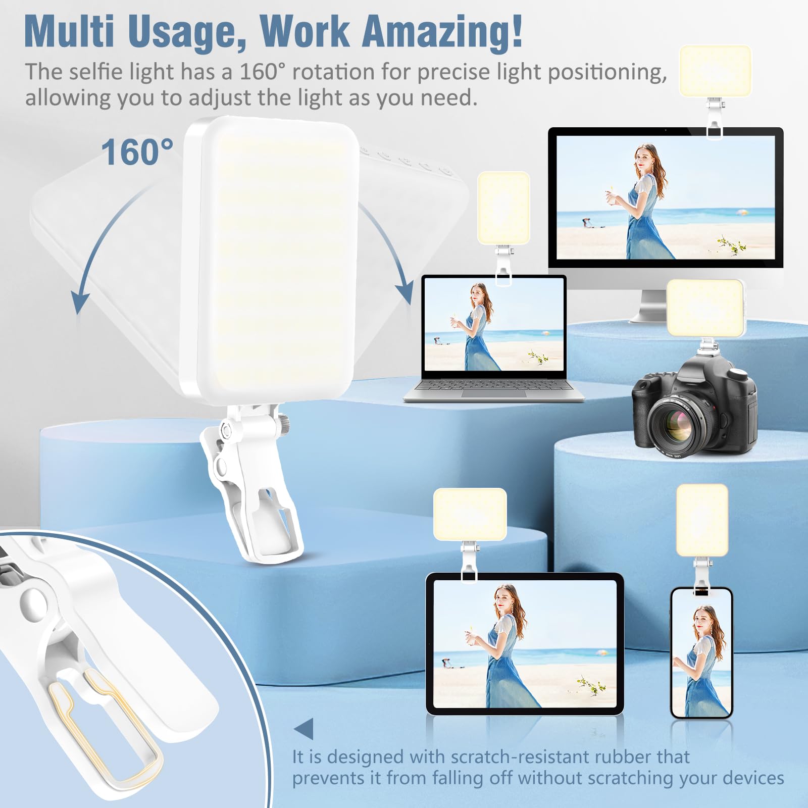 ALTSON 60 LED Portable Selfie Light Video Conference Lighting with Clip & Camera Tripod Adapter Rechargeable 2200mAh CRI 97+, 3 Light Modes for Phone iPhone Webcam Laptop Photo Makeup