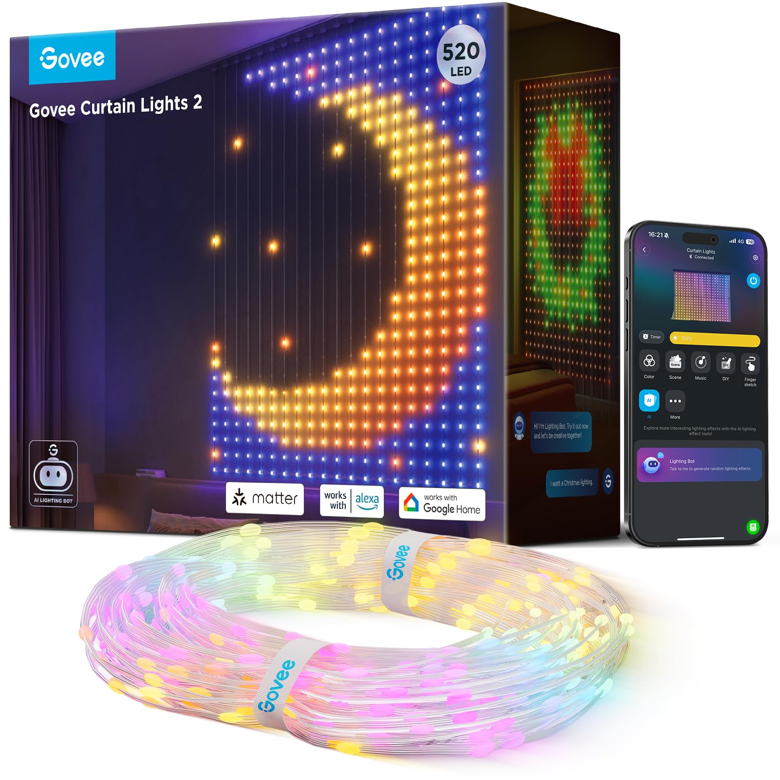 Govee Curtain Lights 2, 520 LEDs, Smart LED Curtain Light with DIY GIF AIGC, Non-Splicable, RGBIC Color Changing Holiday Lights for Indoor Outdoor Bedroom Window Decor, IP65 Waterproof, 4.9×6.6ft