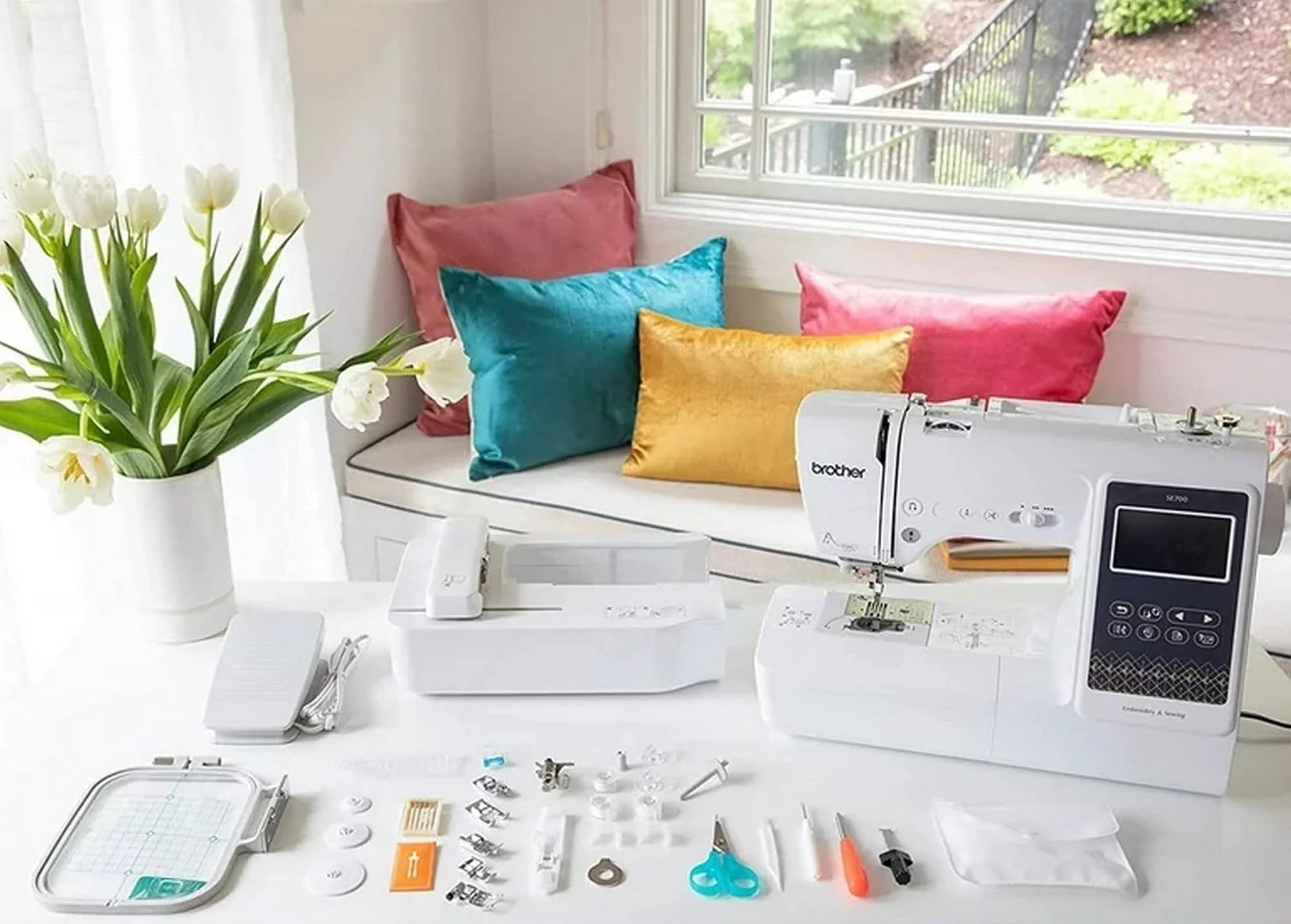 Brother SE700 Sewing and Embroidery Machine, Wireless LAN Connected, 135 Built-in Designs, 103 Built-in Stitches, Computerized, 4" x 4" Hoop Area, 3.7" Touchscreen Display, 8 Included Feet, White