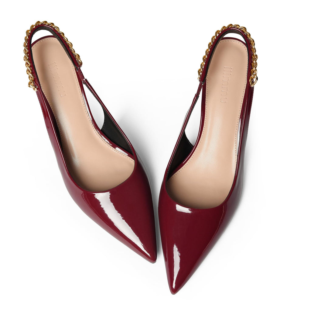 iiimmu Women's Stiletto Heels Closed Pointed Toe 4 in Heels for Women Patent Leather Pumps with Chain Wedding Party Dress Prom Heels Slingback Pumps
