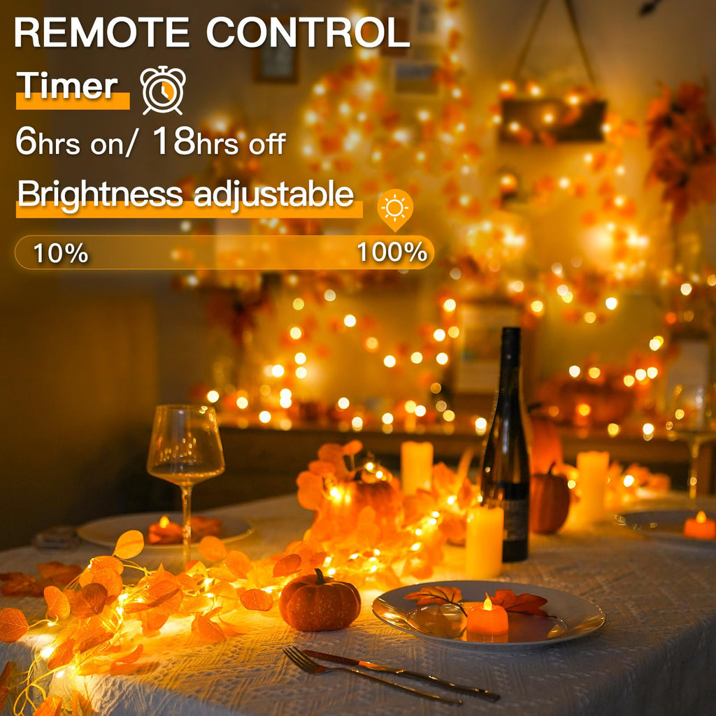 suddus Vine with Fairy Lights Battery Operated, 33ft 100 LED Maple Leaf String Lights with Remote, Dimmable Fall Garland with Lights for Bedroom Wall Indoor Outdoor Thanksgiving Decor (Warm White)
