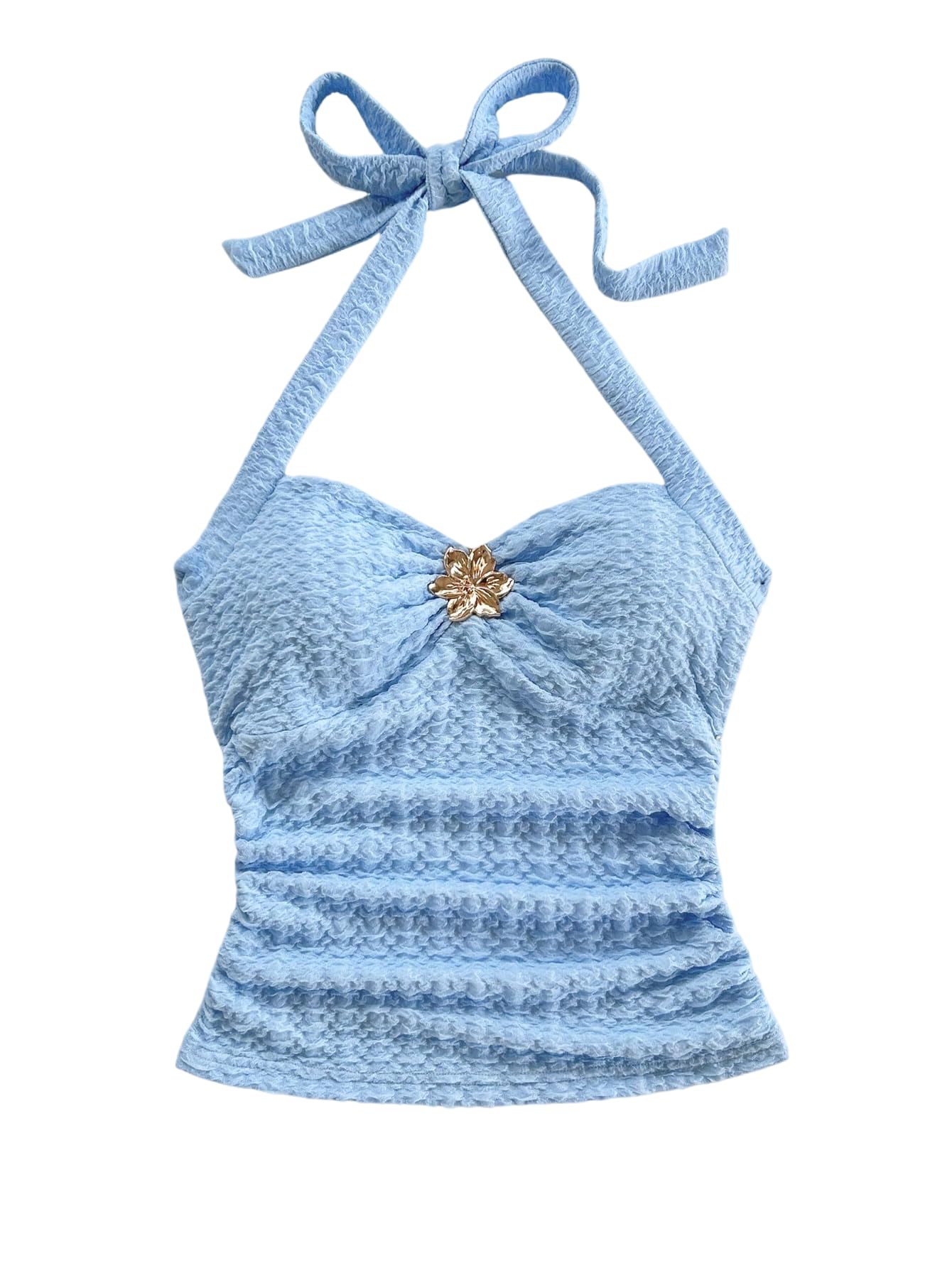 SOLY HUX Women's V Neck Halter Tops Open Back Y2k Ruched Floral Metal Summer Going Out Cami Tops