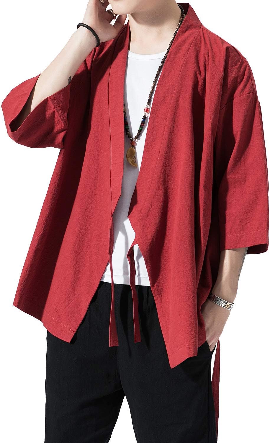 PRIJOUHE Men's Kimono Jackets Cardigan Lightweight Casual Cotton Blends Linen Seven Sleeves Open Front Coat Outwear