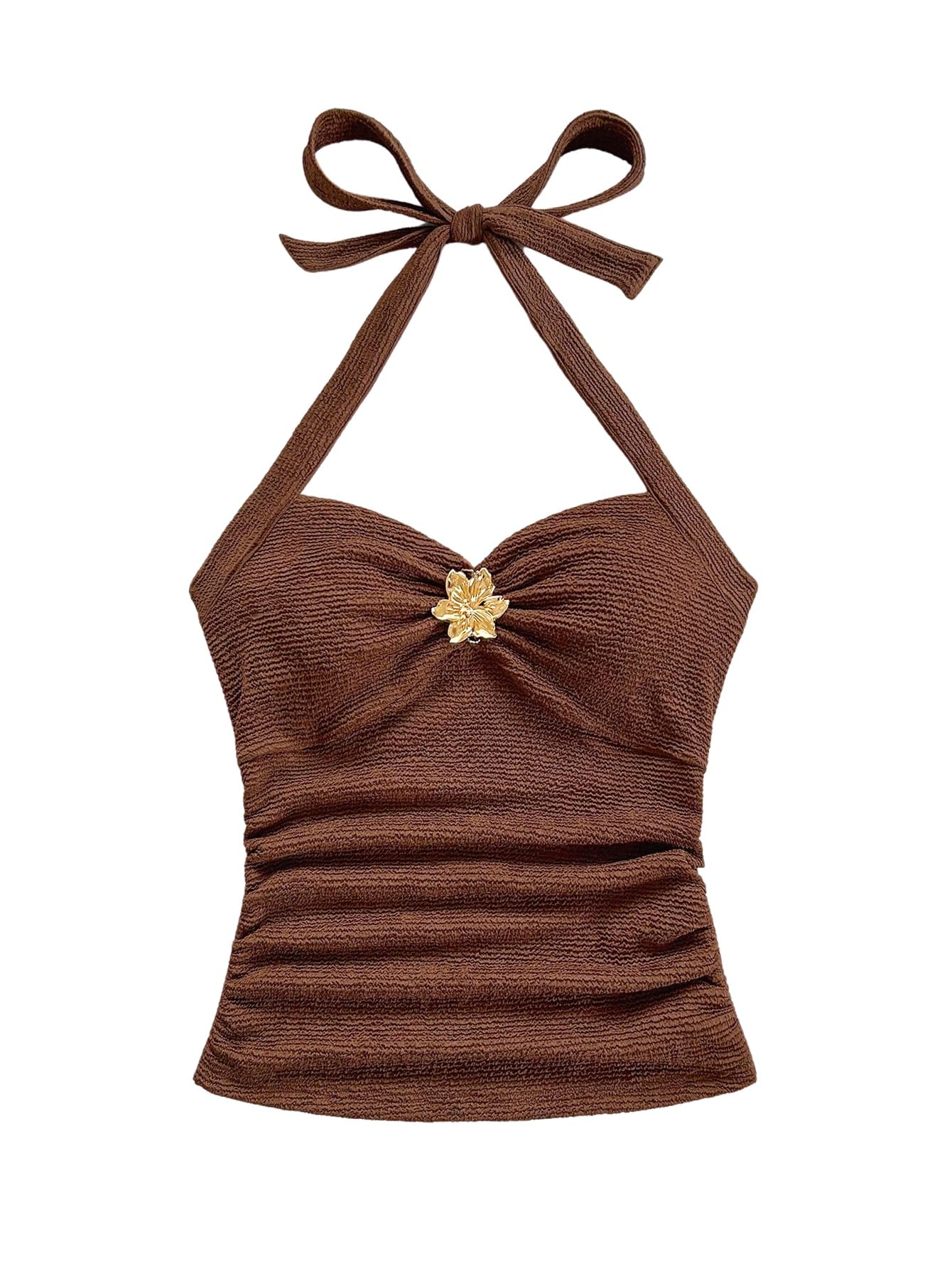 SOLY HUX Women's V Neck Halter Tops Open Back Y2k Ruched Floral Metal Summer Going Out Cami Tops